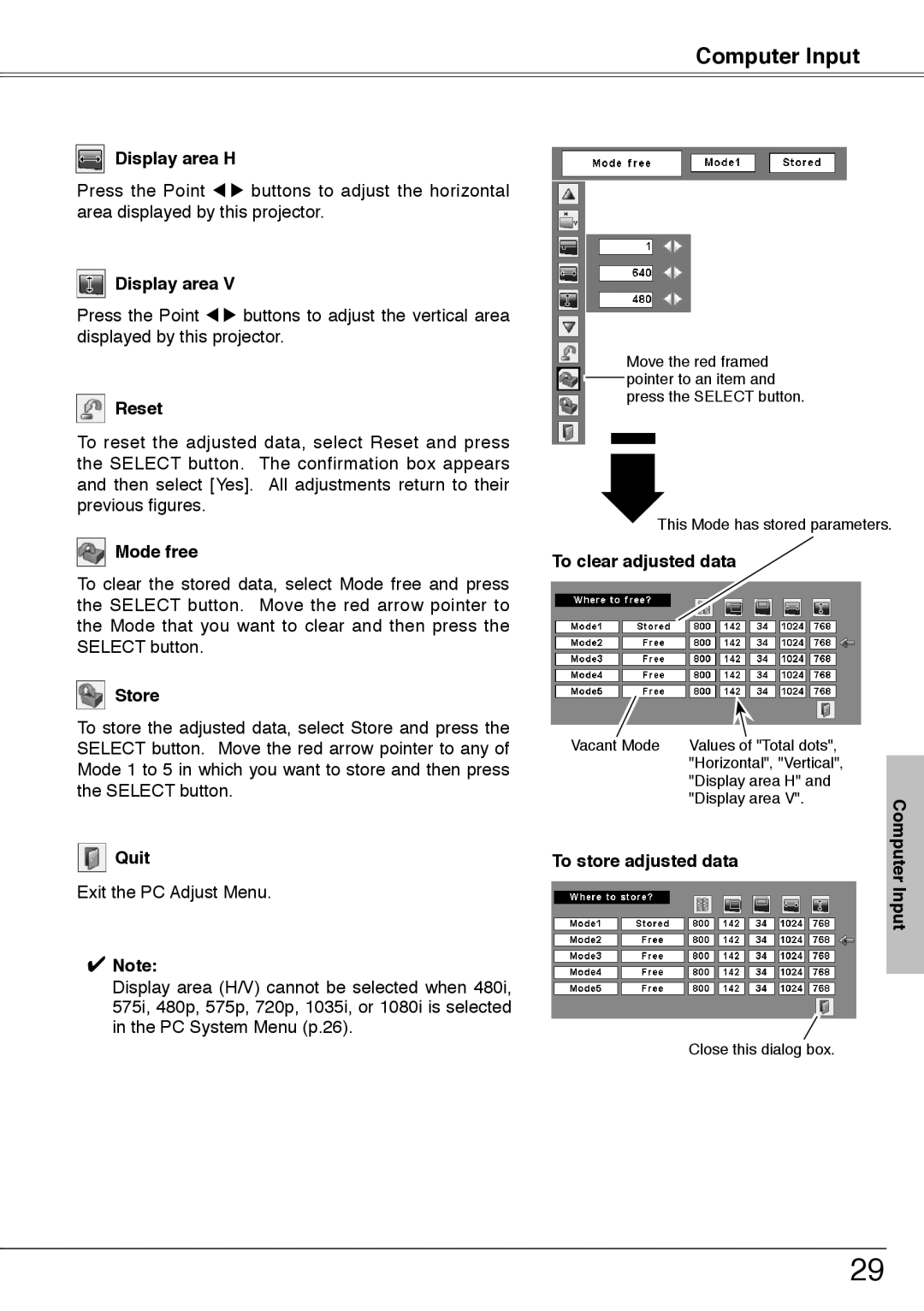 Sanyo PLC-XW55, PLC-XW50 Display area H, Reset, Mode free, Store, Quit, To clear adjusted data, To store adjusted data 