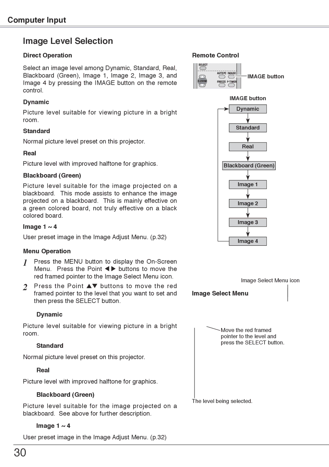 Sanyo PLC-XW50, PLC-XW55 owner manual Image Level Selection 