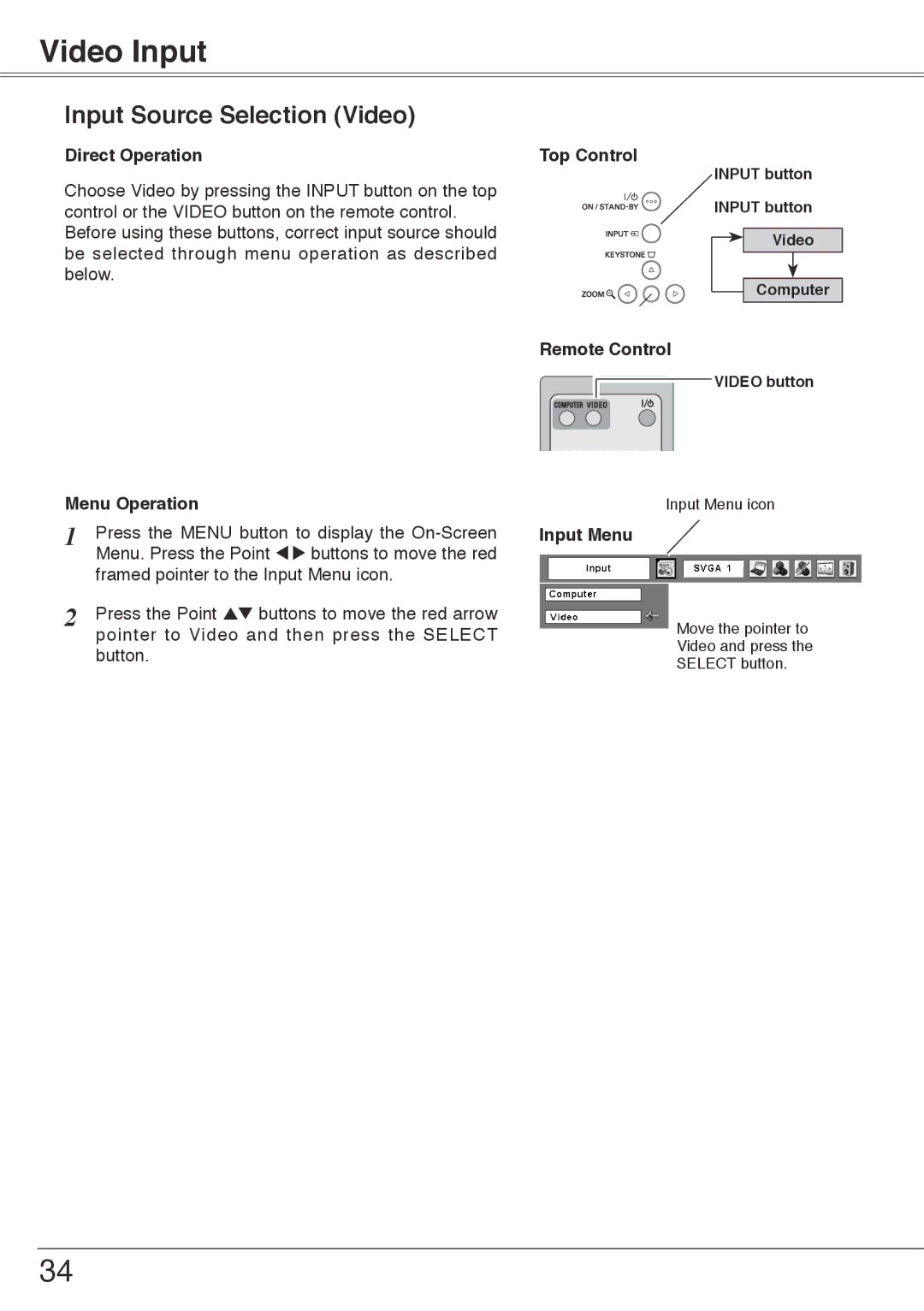 Sanyo PLC-XW50, PLC-XW55 owner manual Video Input, Input Source Selection Video 