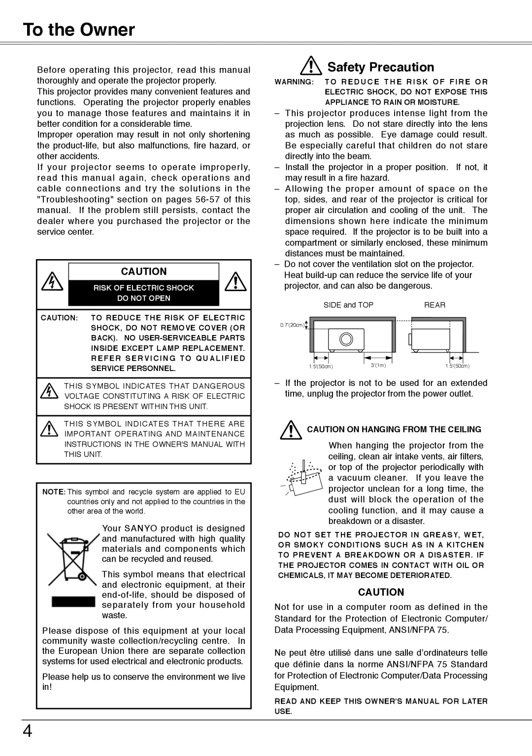 Sanyo PLC-XW50, PLC-XW55 owner manual To the Owner, Risk of Electric Shock Do not Open 