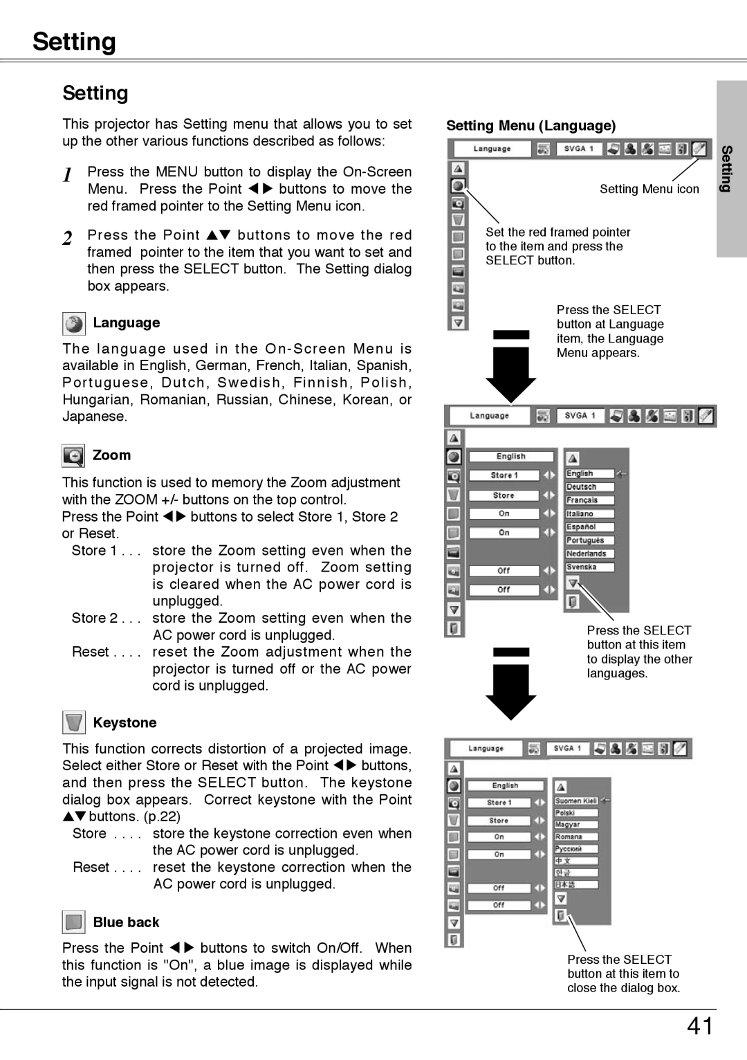 Sanyo PLC-XW55, PLC-XW50 owner manual Setting 