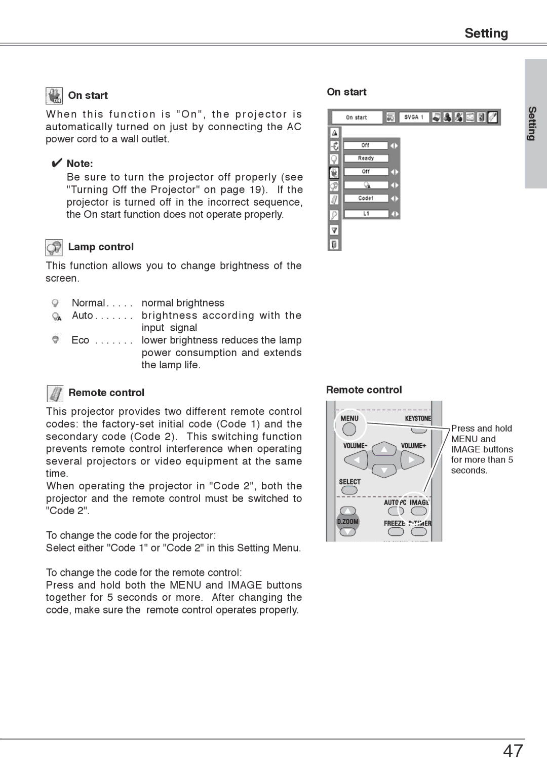 Sanyo PLC-XW55, PLC-XW50 owner manual On start Remote control Setting 