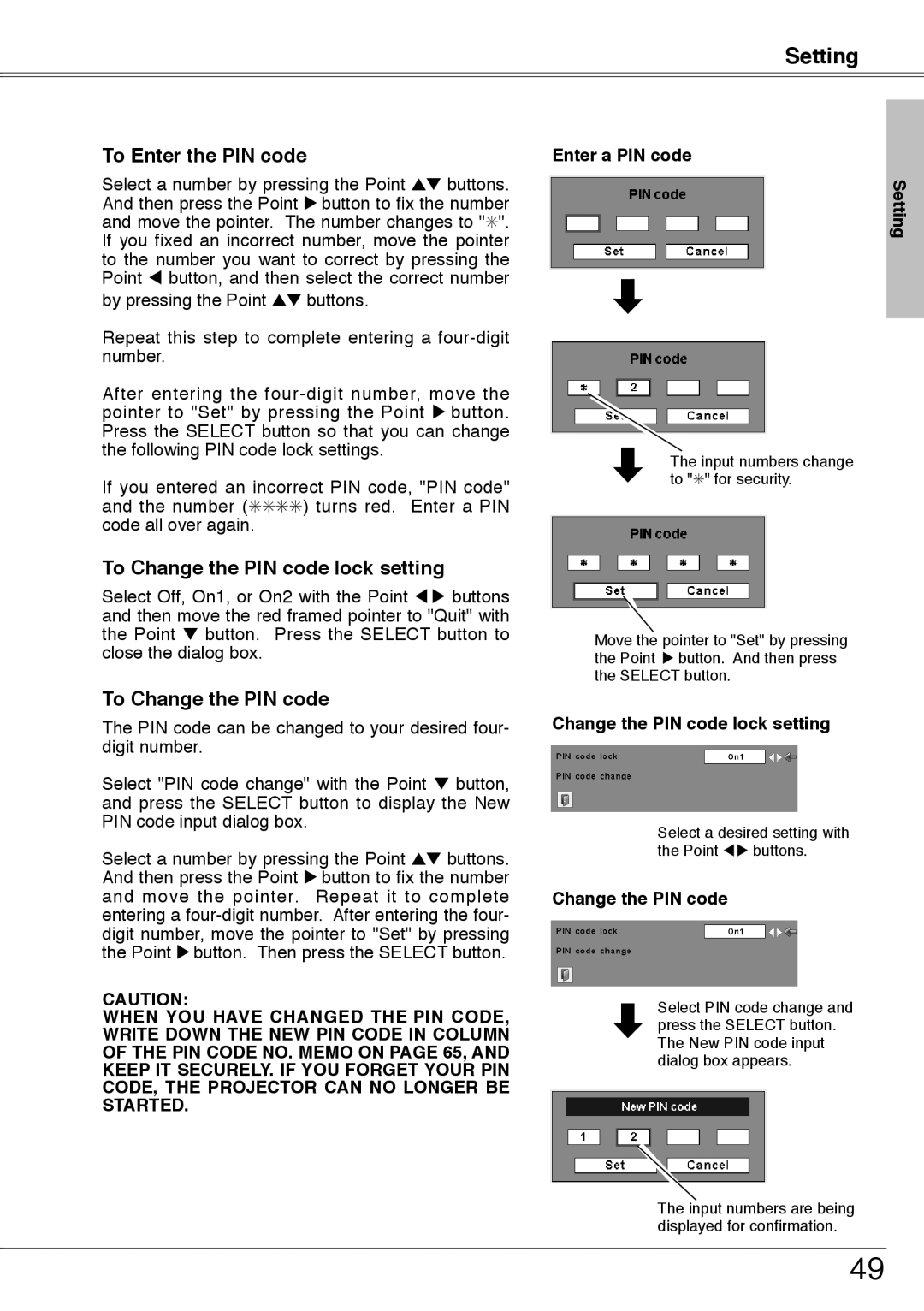 Sanyo PLC-XW55, PLC-XW50 owner manual Change the PIN code lock setting 