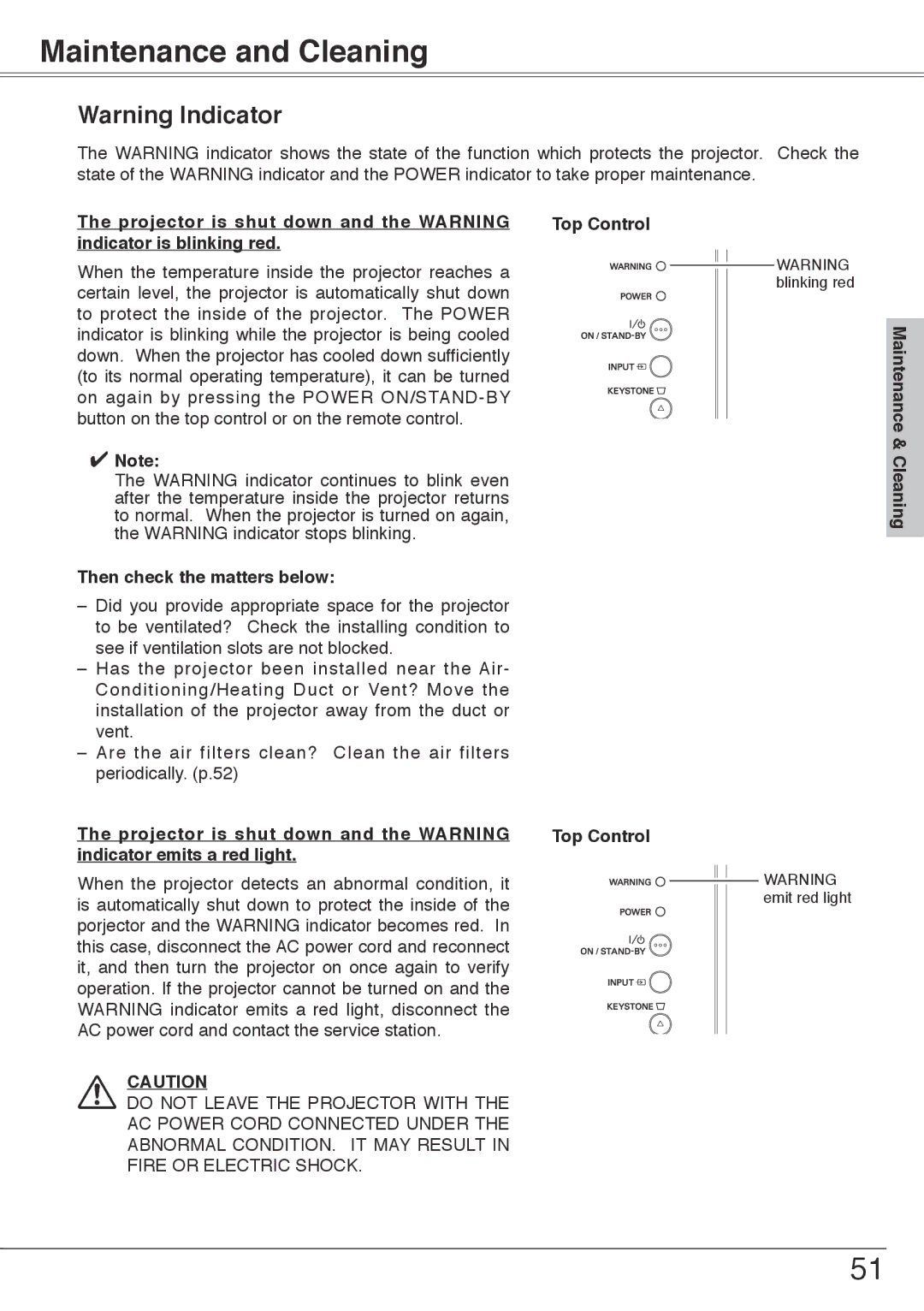 Sanyo PLC-XW55, PLC-XW50 Maintenance and Cleaning, Then check the matters below, Top Control Maintenance & Cleaning 