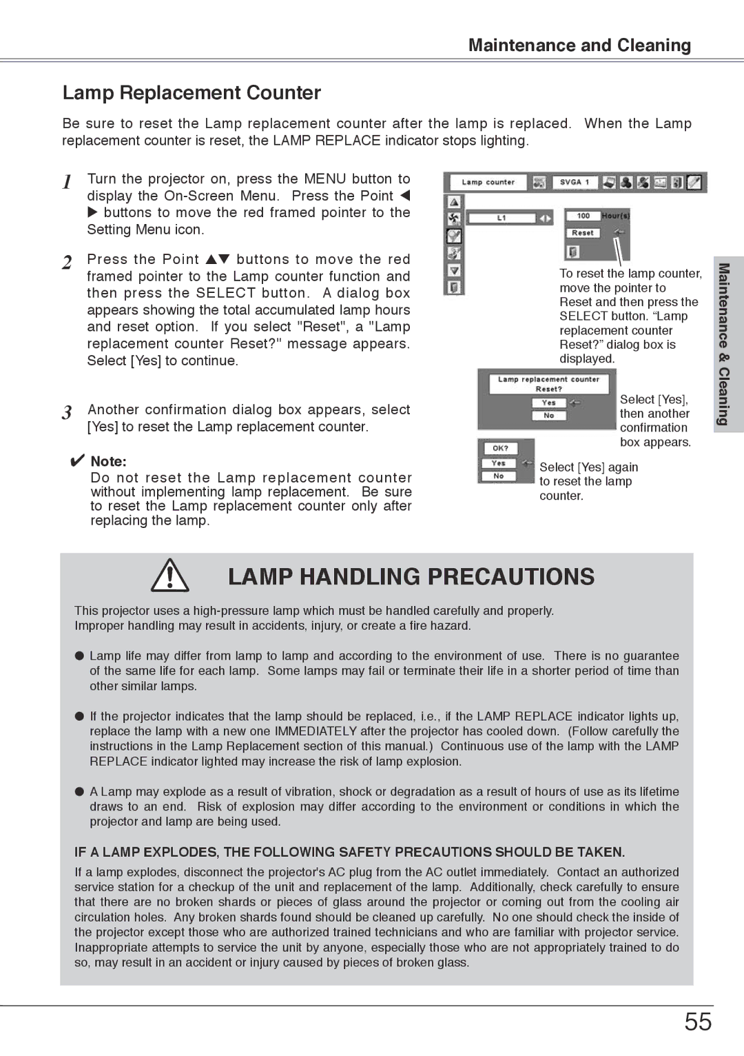 Sanyo PLC-XW55, PLC-XW50 owner manual Lamp Handling Precautions, Lamp Replacement Counter 