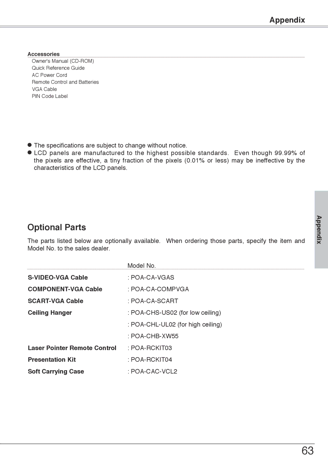 Sanyo PLC-XW55, PLC-XW50 owner manual Optional Parts 