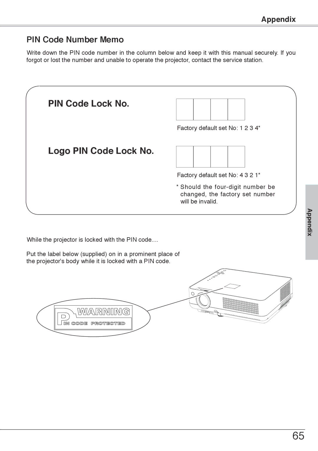 Sanyo PLC-XW55, PLC-XW50 owner manual Logo PIN Code Lock No, PIN Code Number Memo 