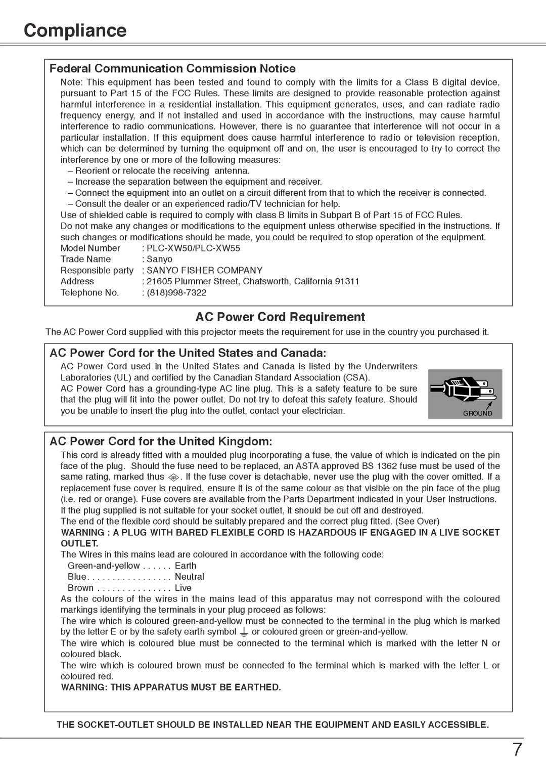 Sanyo PLC-XW55, PLC-XW50 owner manual Compliance, Federal Communication Commission Notice 