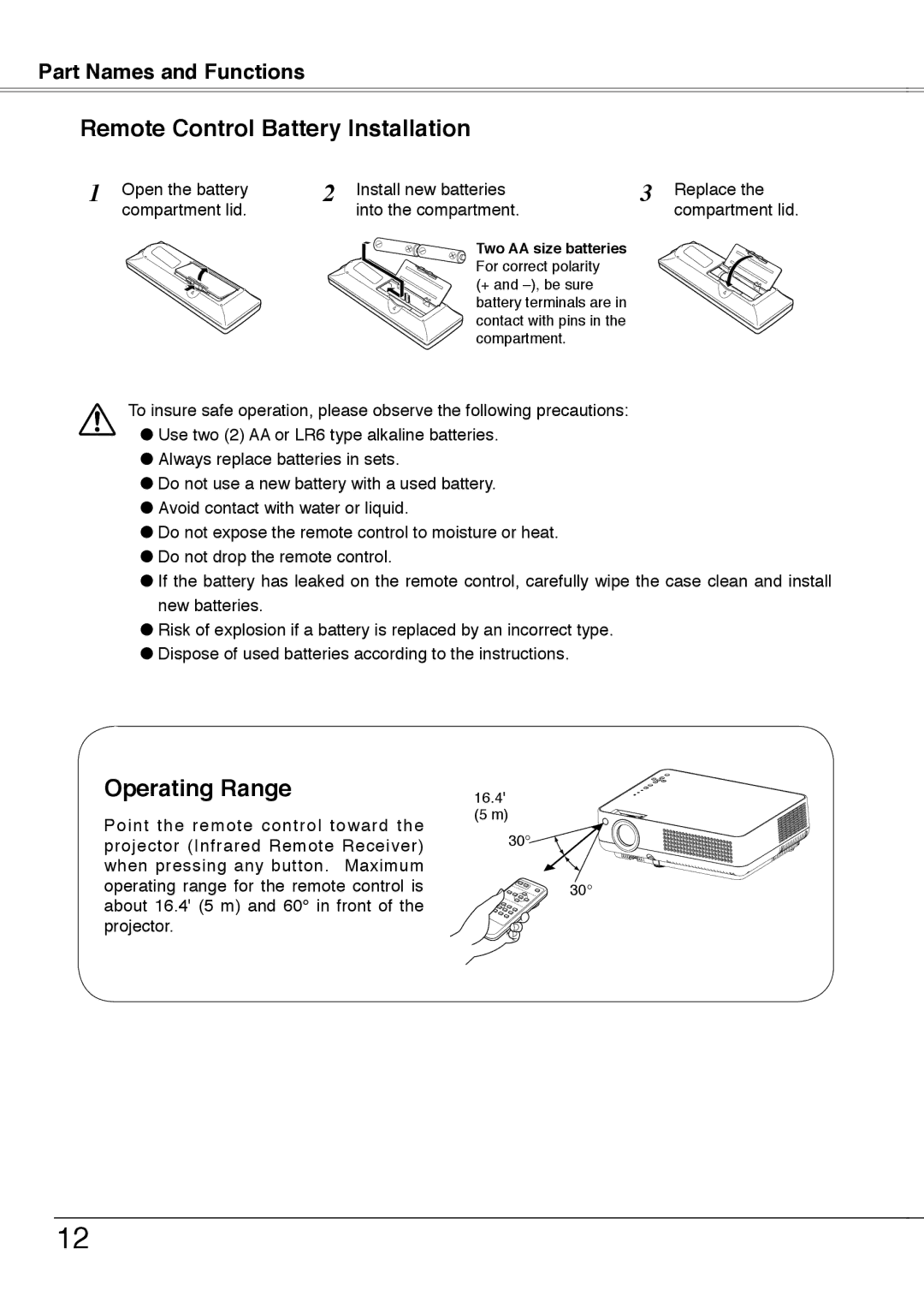 Sanyo PLC-XW50A, PLC-XW55A, PLC-XW55K, PLC-XW55G owner manual Remote Control Battery Installation, Operating Range 