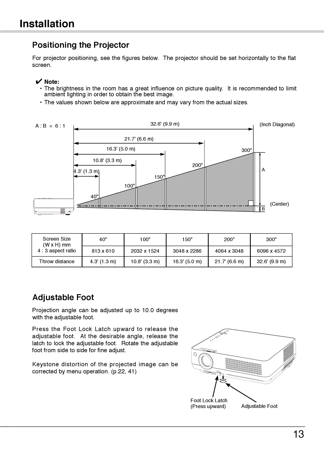 Sanyo PLC-XW55A, PLC-XW50A, PLC-XW55K, PLC-XW55G owner manual Installation, Positioning the Projector, Adjustable Foot 