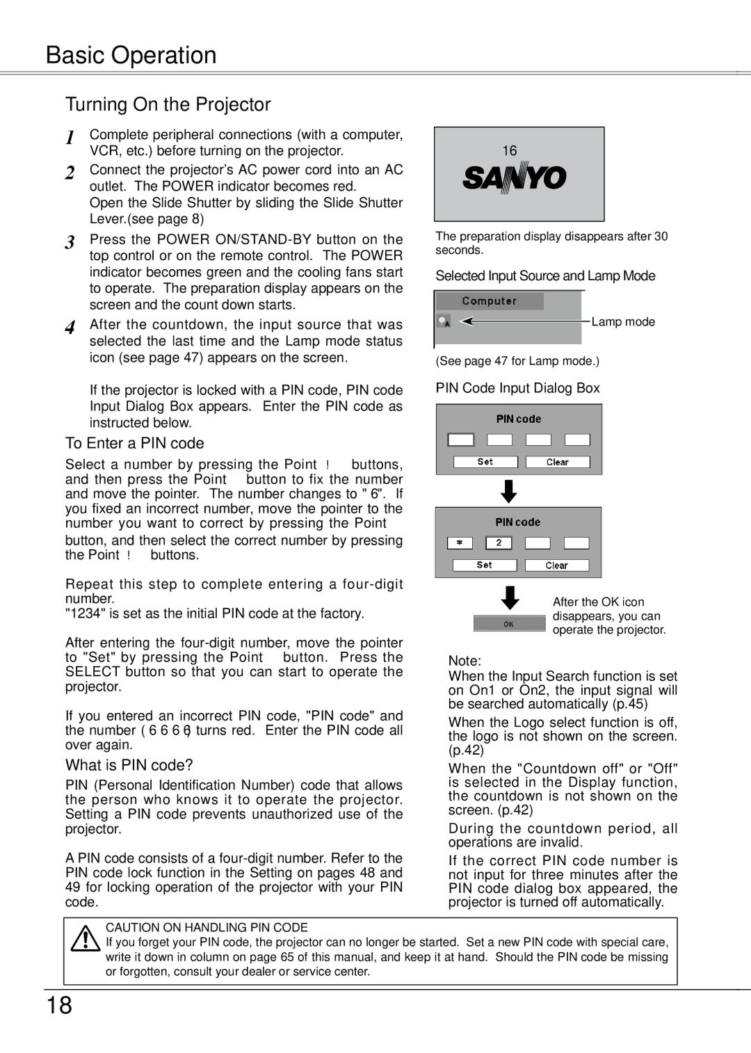 Sanyo PLC-XW55K Basic Operation, Turning On the Projector, Selected Input Source and Lamp Mode, PIN Code Input Dialog Box 