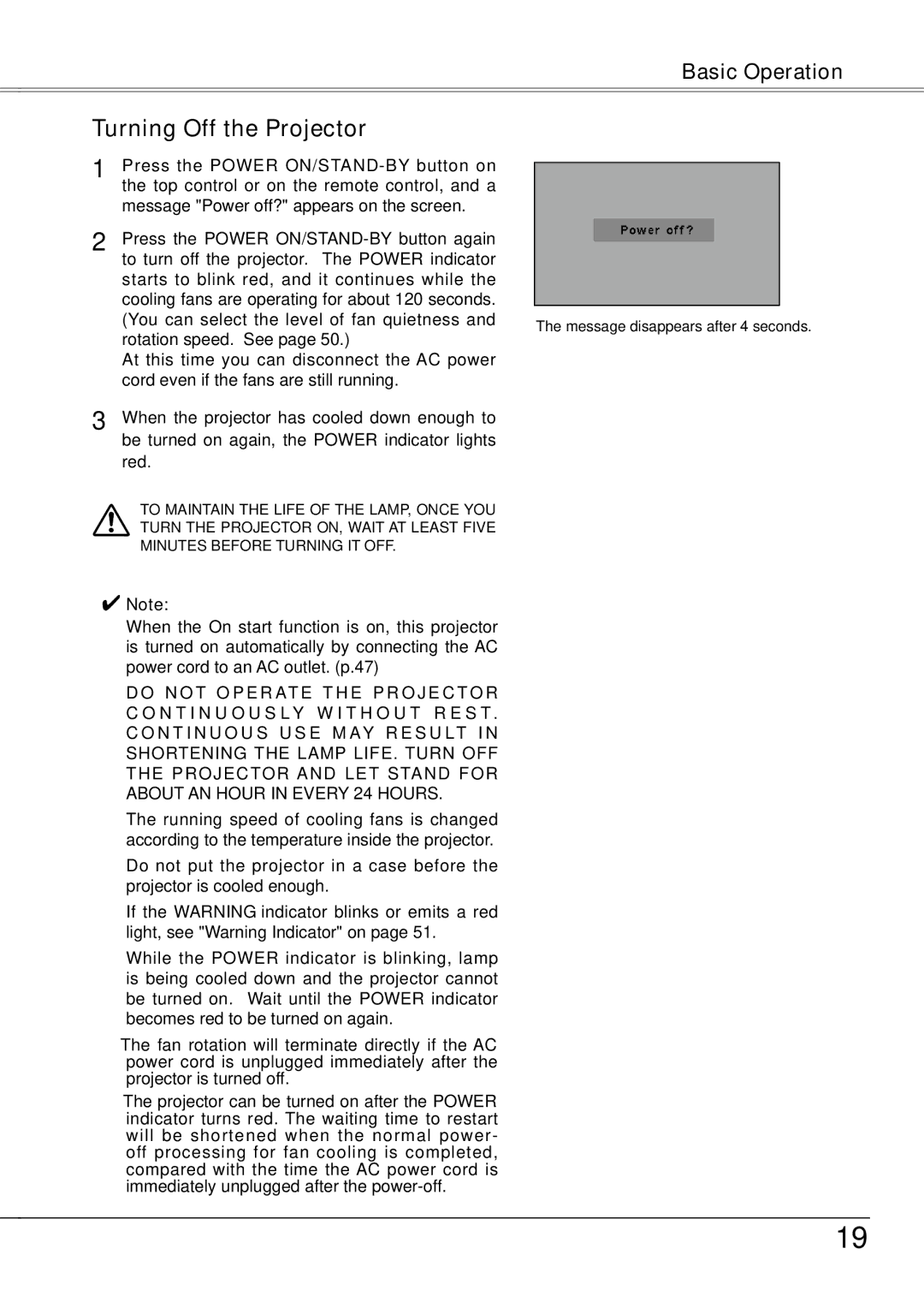 Sanyo PLC-XW55G, PLC-XW50A, PLC-XW55A, PLC-XW55K owner manual Turning Off the Projector 