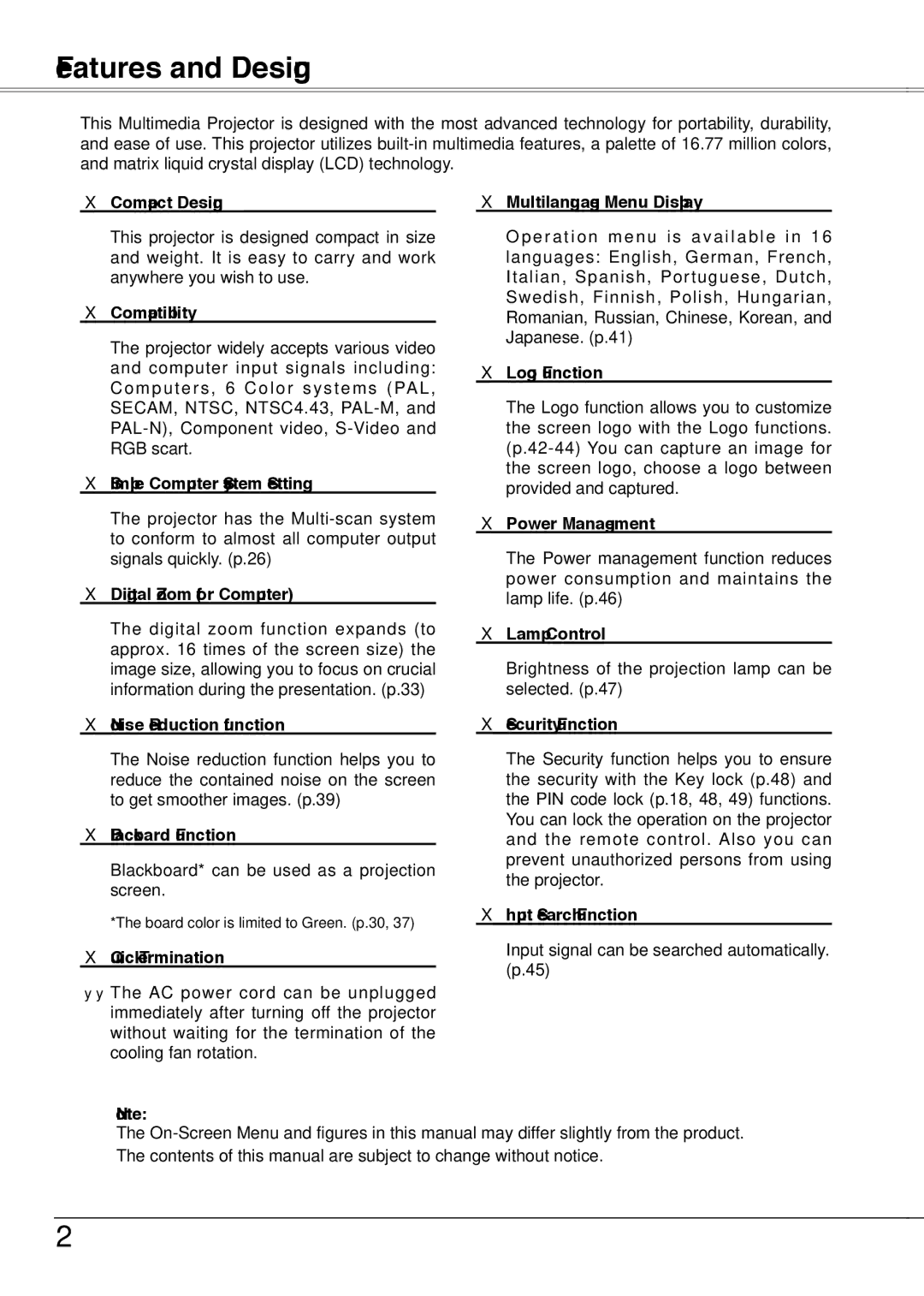 Sanyo PLC-XW55K, PLC-XW50A, PLC-XW55A, PLC-XW55G owner manual Features and Design 