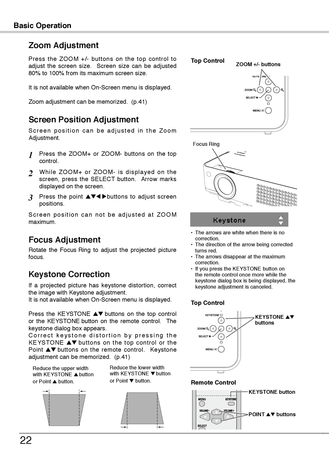 Sanyo PLC-XW55K, PLC-XW50A, PLC-XW55A Zoom Adjustment, Screen Position Adjustment, Focus Adjustment, Keystone Correction 