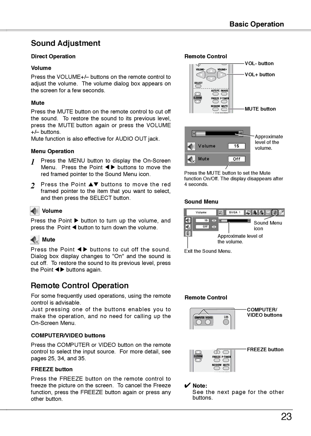 Sanyo PLC-XW55G, PLC-XW50A, PLC-XW55A, PLC-XW55K owner manual Sound Adjustment, Remote Control Operation 