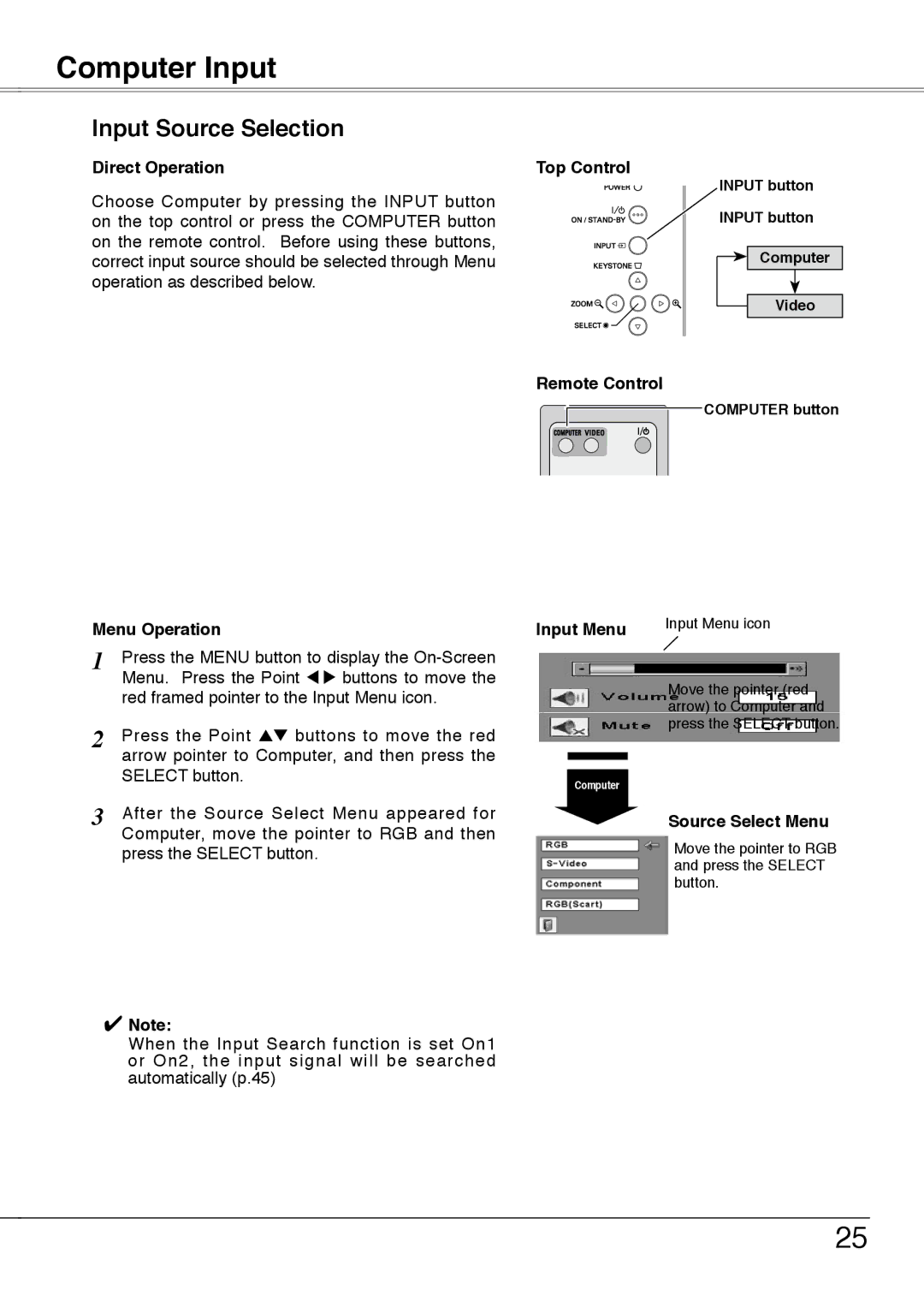 Sanyo PLC-XW55A, PLC-XW50A, PLC-XW55K Computer Input, Input Source Selection, Direct Operation, Source Select Menu 