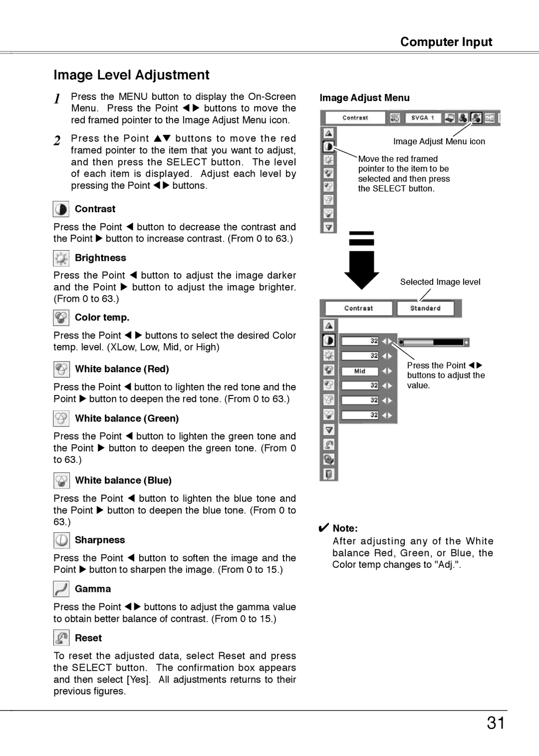 Sanyo PLC-XW55G, PLC-XW50A, PLC-XW55A, PLC-XW55K owner manual Image Level Adjustment 