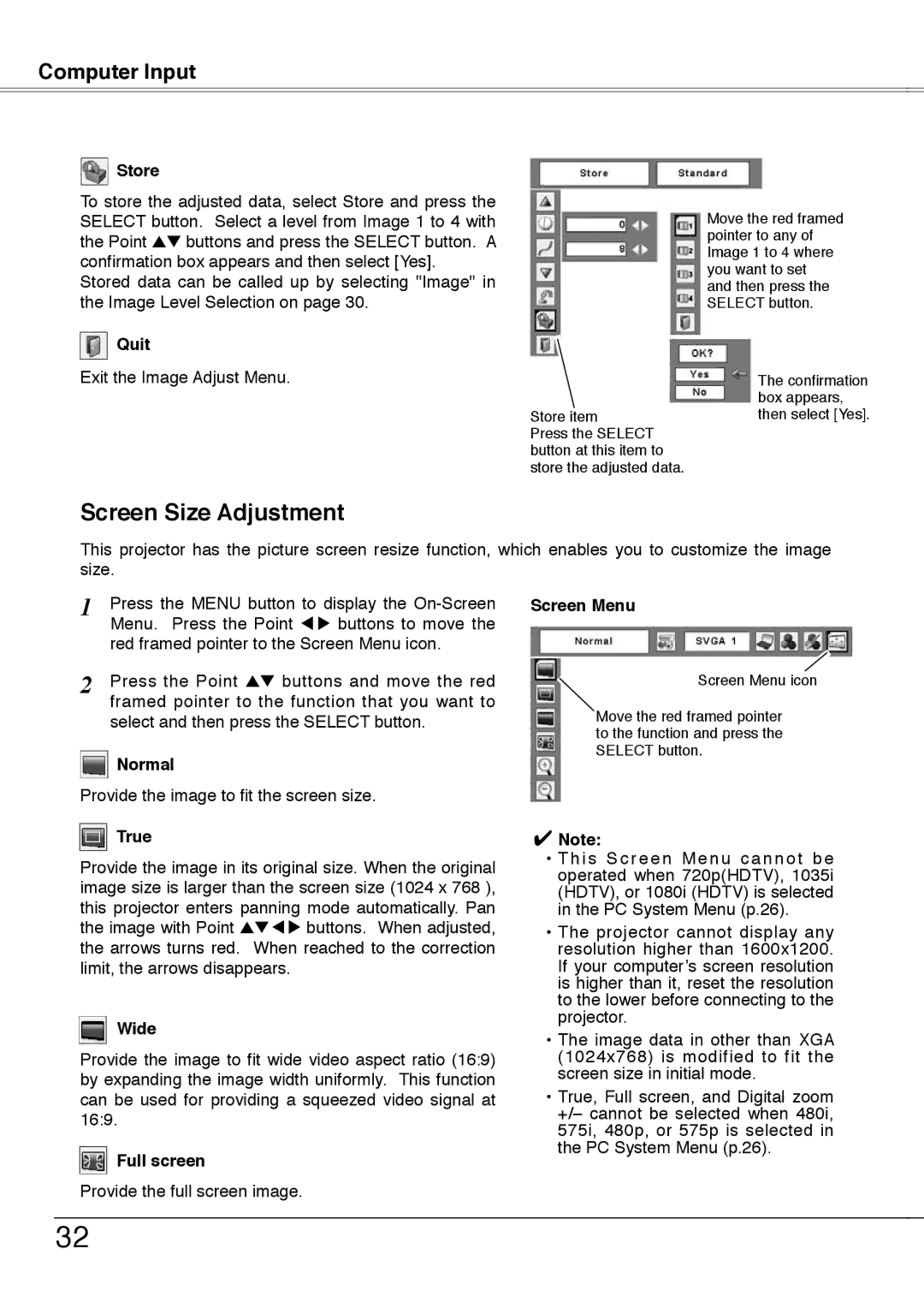 Sanyo PLC-XW50A, PLC-XW55A, PLC-XW55K, PLC-XW55G owner manual Screen Size Adjustment, Normal, True, Wide, Full screen 