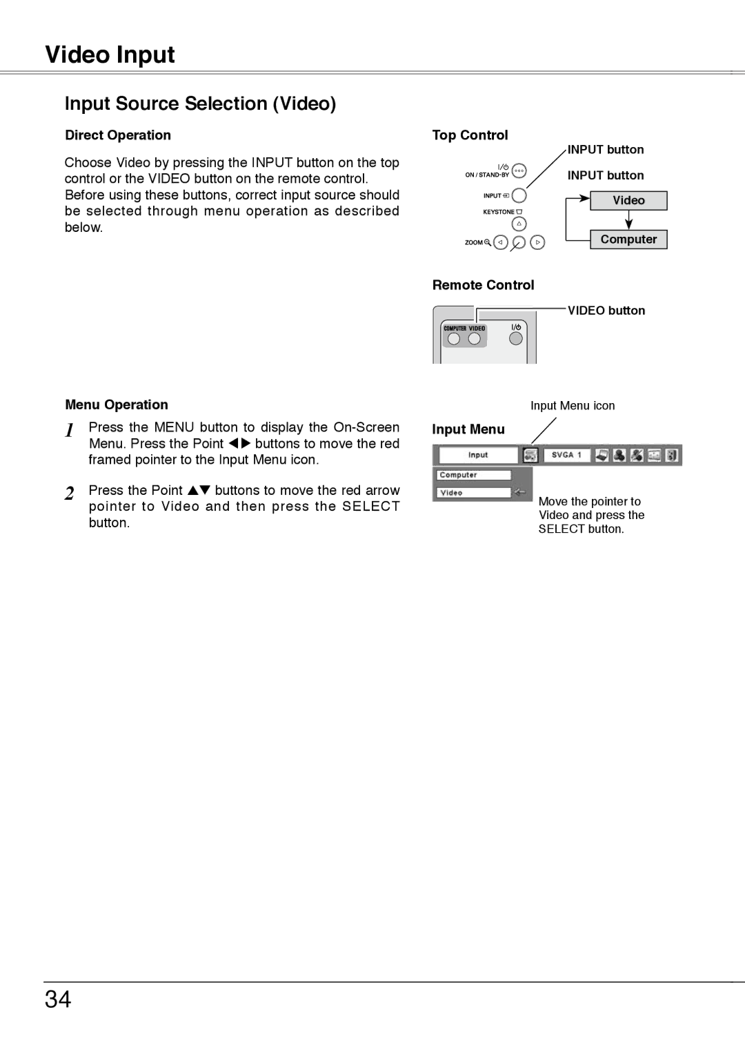 Sanyo PLC-XW55K, PLC-XW50A, PLC-XW55A, PLC-XW55G owner manual Video Input, Input Source Selection Video 