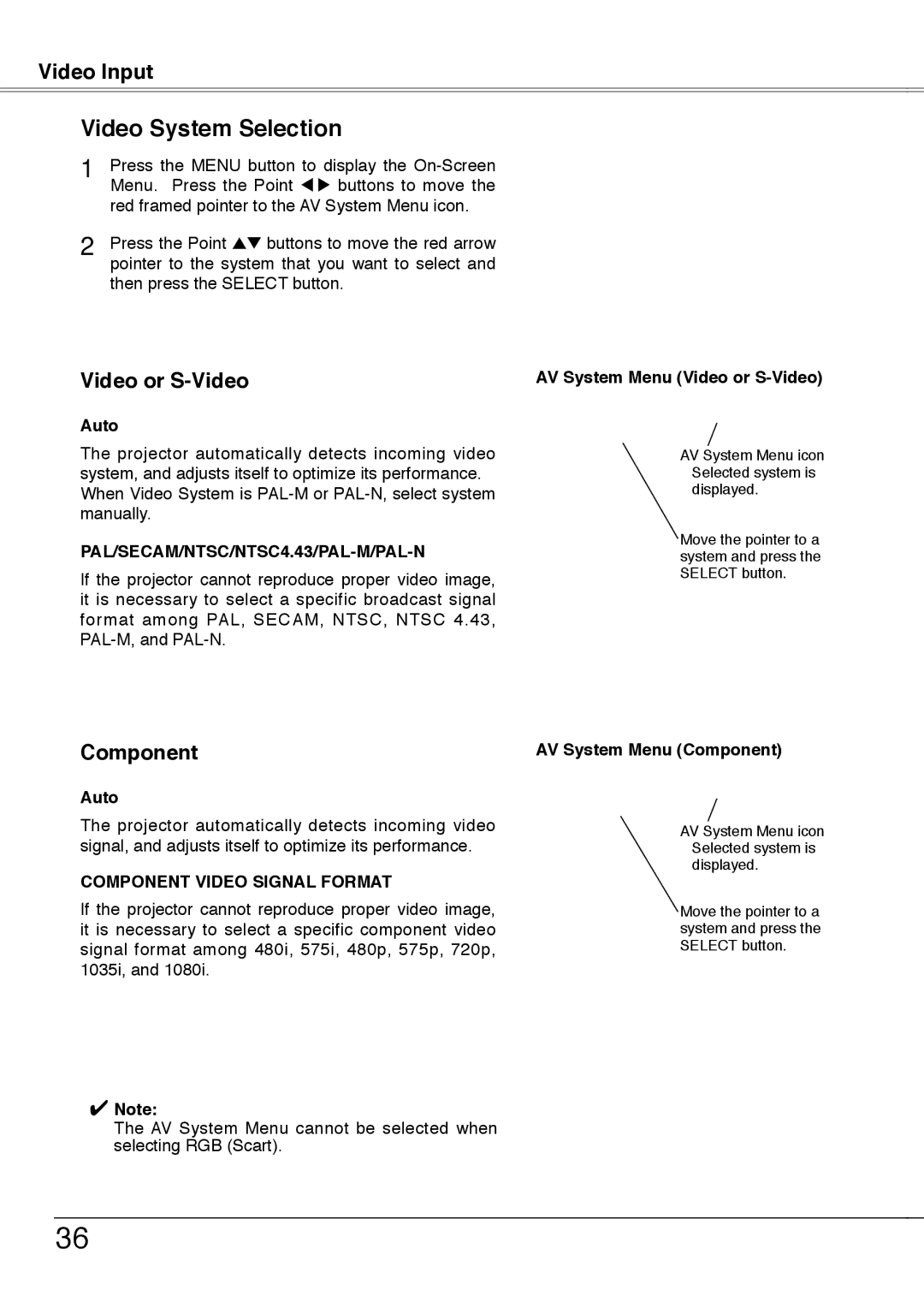 Sanyo PLC-XW50A, PLC-XW55A Video System Selection, Auto, AV System Menu Video or S-Video, AV System Menu Component 