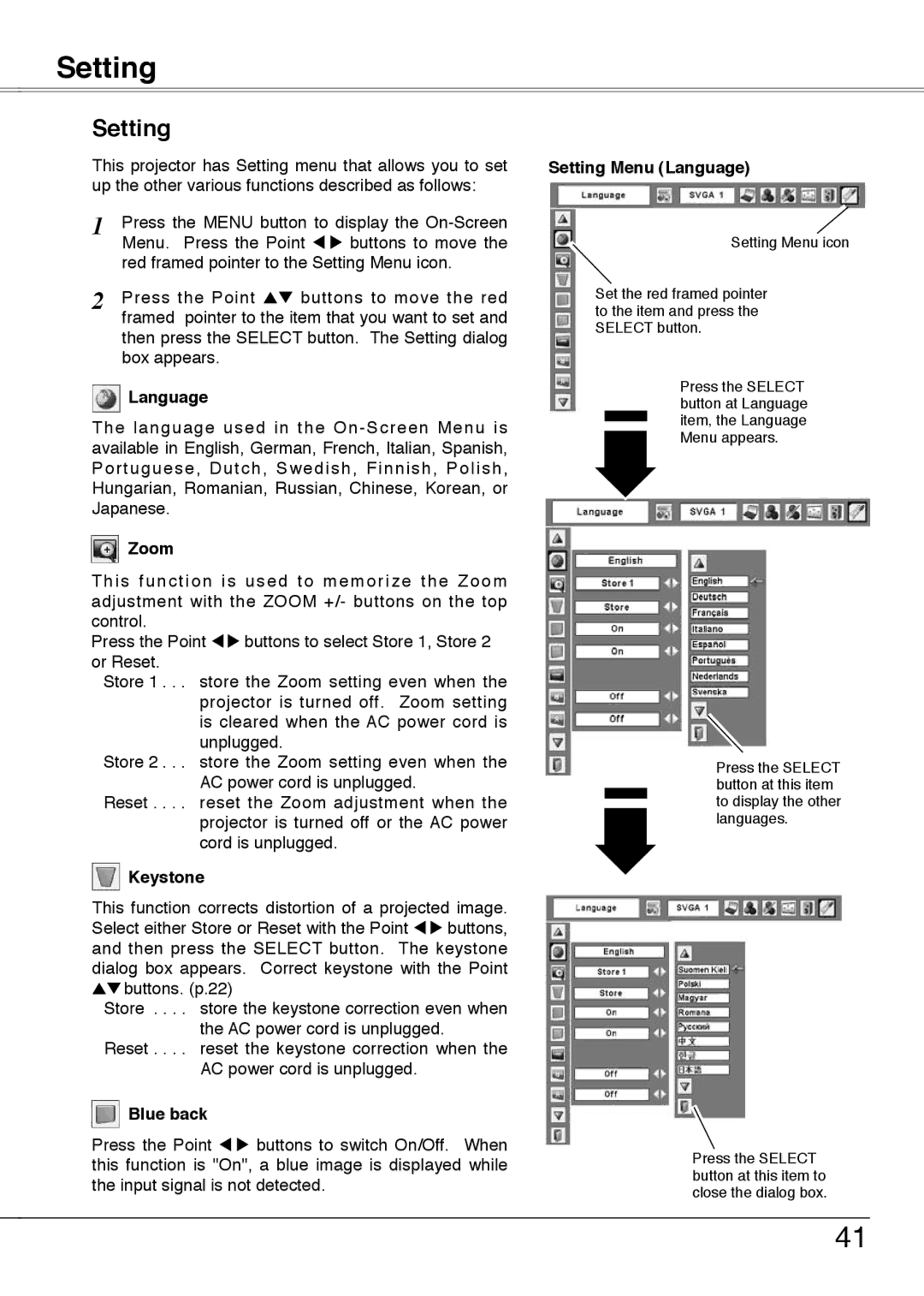 Sanyo PLC-XW55A, PLC-XW50A, PLC-XW55K, PLC-XW55G owner manual Setting 