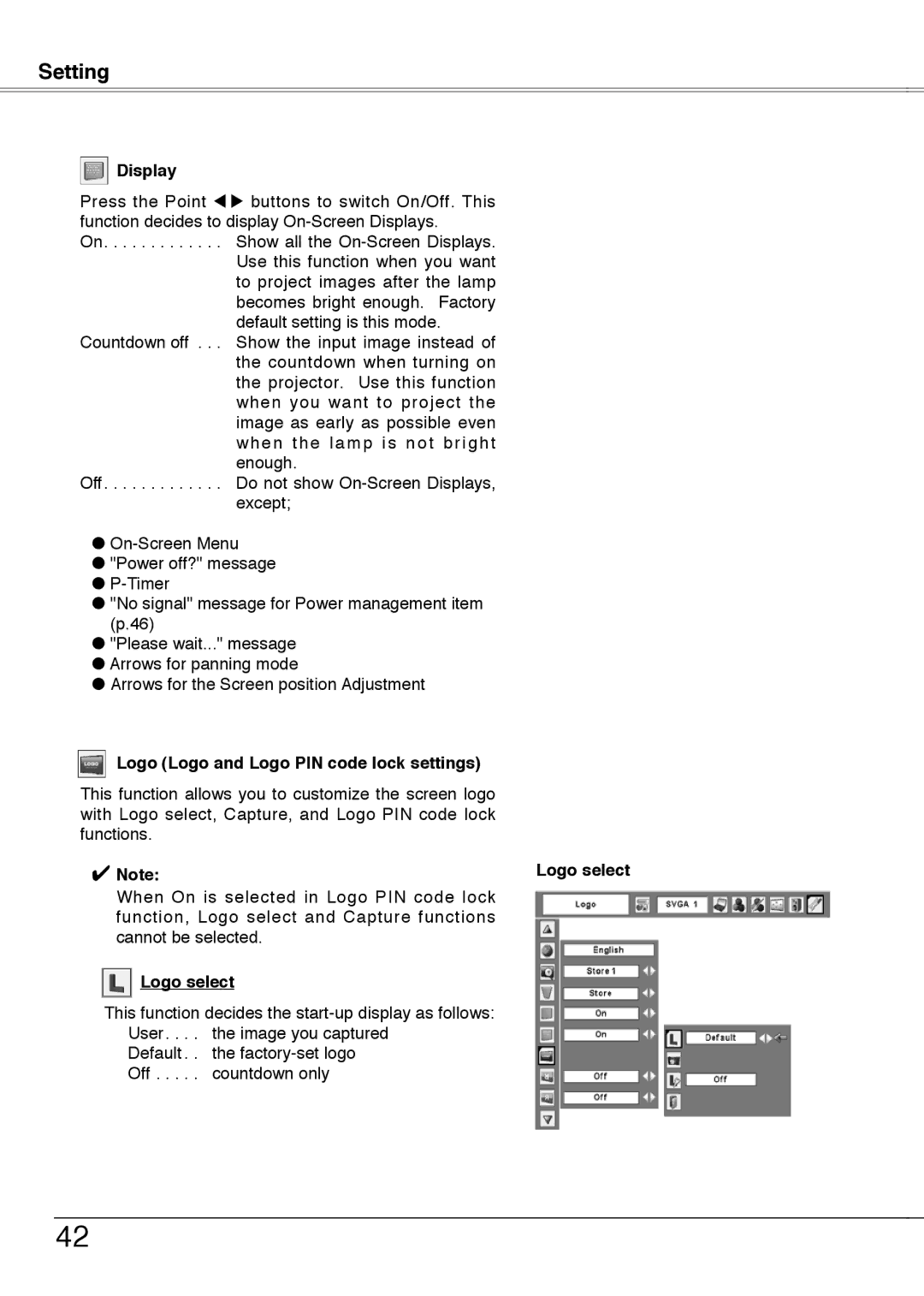 Sanyo PLC-XW55K, PLC-XW50A, PLC-XW55A, PLC-XW55G owner manual Display, Logo Logo and Logo PIN code lock settings, Logo select 