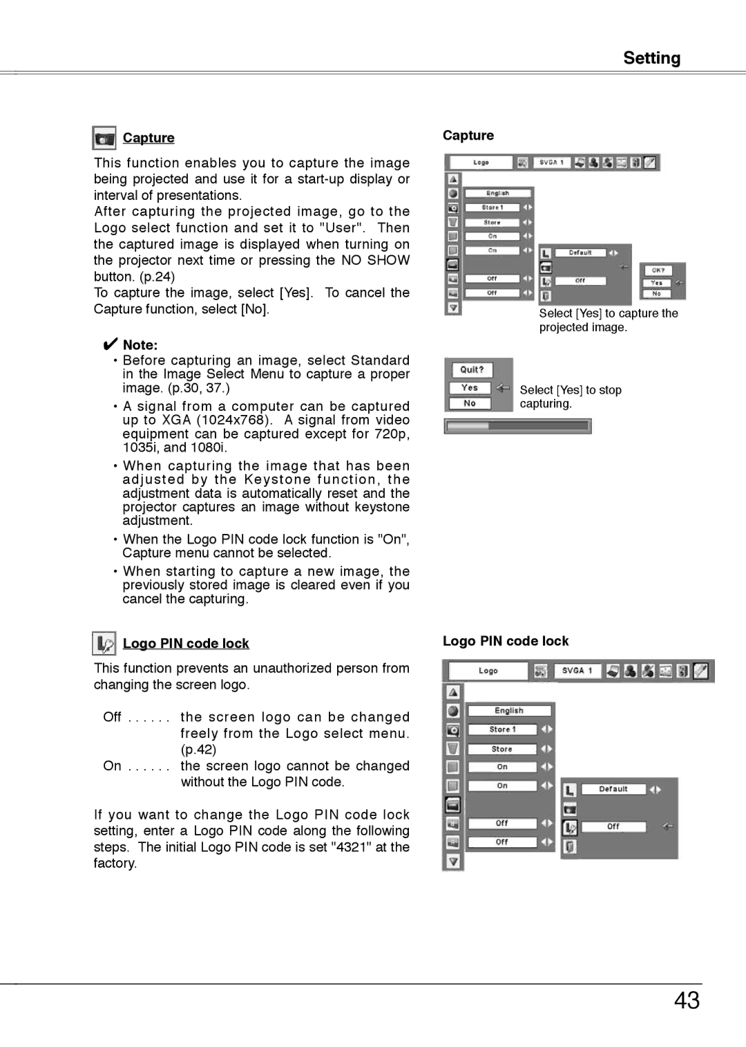 Sanyo PLC-XW55G, PLC-XW50A, PLC-XW55A, PLC-XW55K owner manual Capture, Logo PIN code lock 