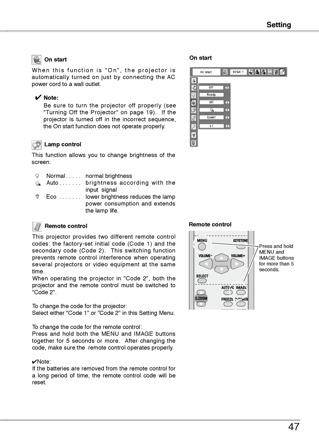 Sanyo PLC-XW55G, PLC-XW50A, PLC-XW55A, PLC-XW55K owner manual On start Remote control 