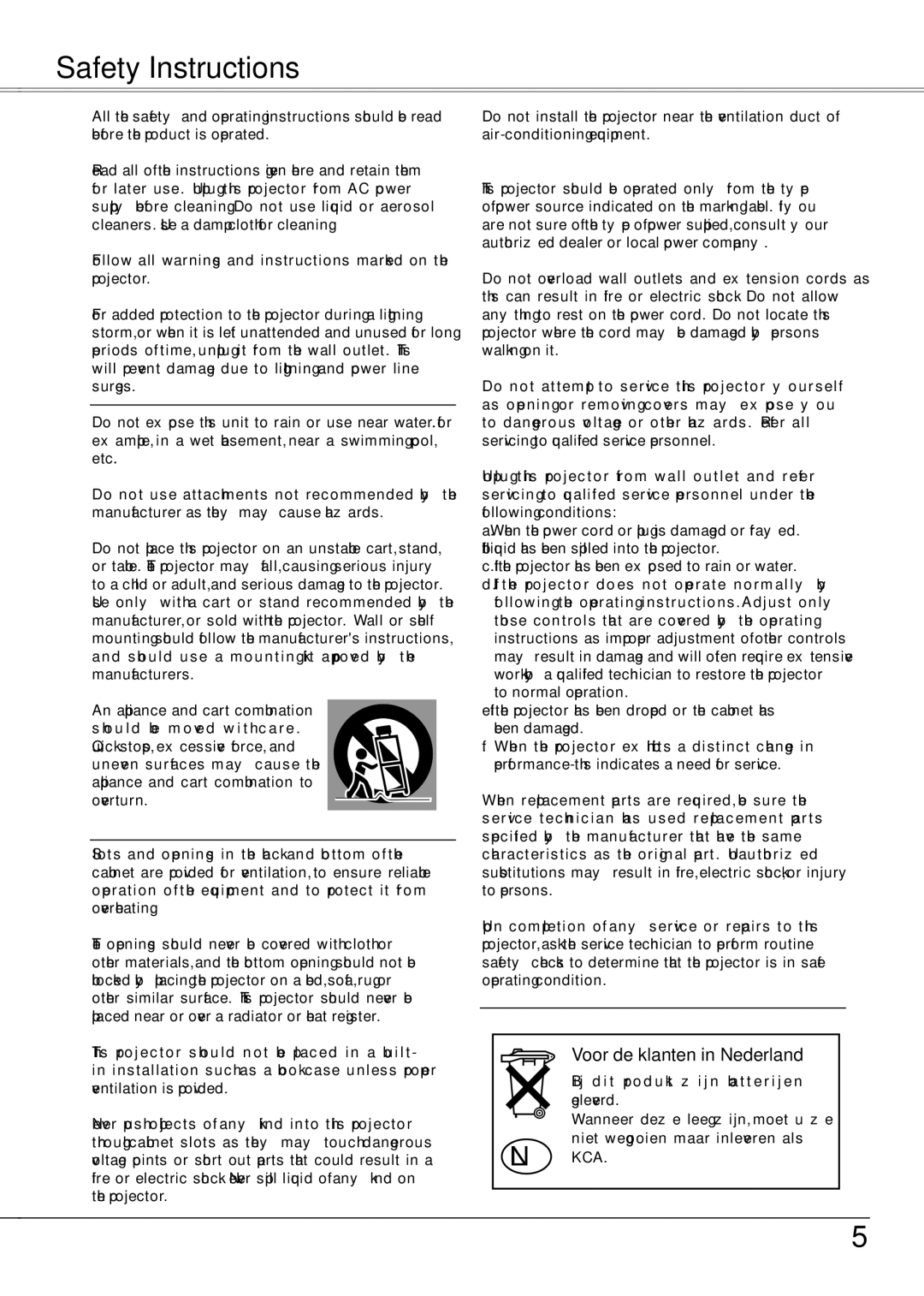 Sanyo PLC-XW55A, PLC-XW50A, PLC-XW55K, PLC-XW55G owner manual Safety Instructions, Voor de klanten in Nederland 