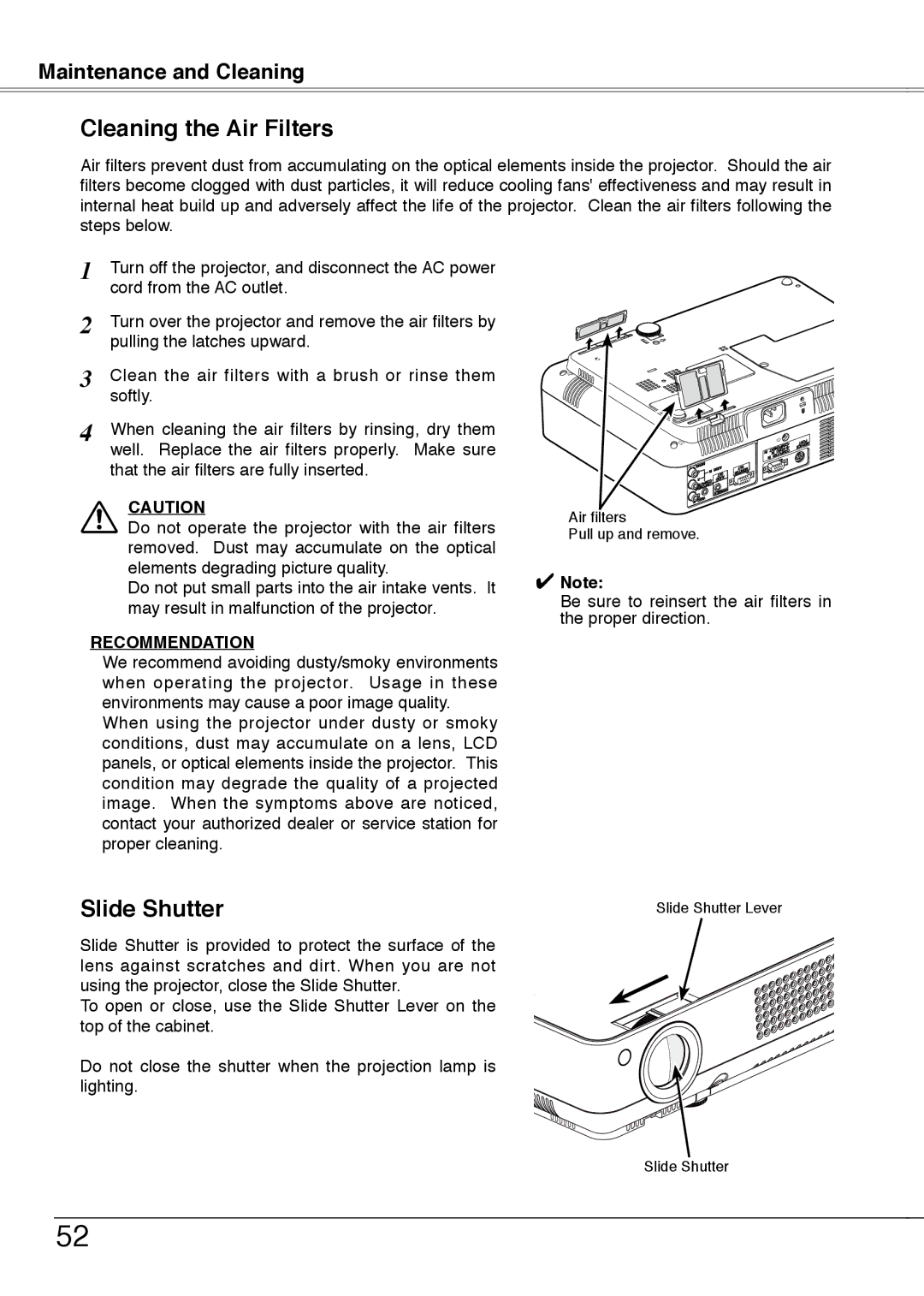 Sanyo PLC-XW50A, PLC-XW55A, PLC-XW55K, PLC-XW55G owner manual Cleaning the Air Filters, Slide Shutter 