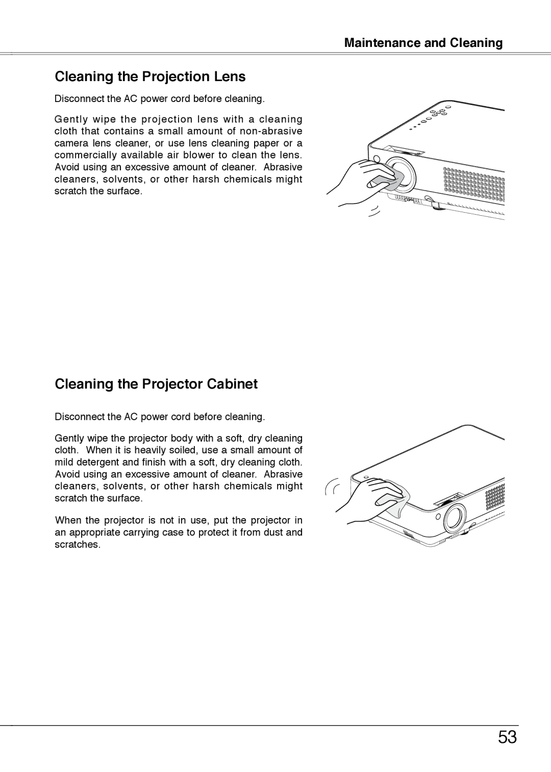 Sanyo PLC-XW55A, PLC-XW50A, PLC-XW55K, PLC-XW55G owner manual Cleaning the Projection Lens, Cleaning the Projector Cabinet 