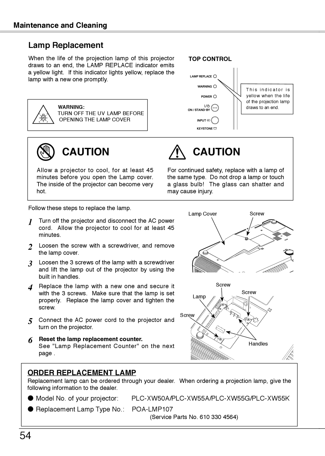 Sanyo PLC-XW55K, PLC-XW50A, PLC-XW55A, PLC-XW55G owner manual Lamp Replacement, Reset the lamp replacement counter 