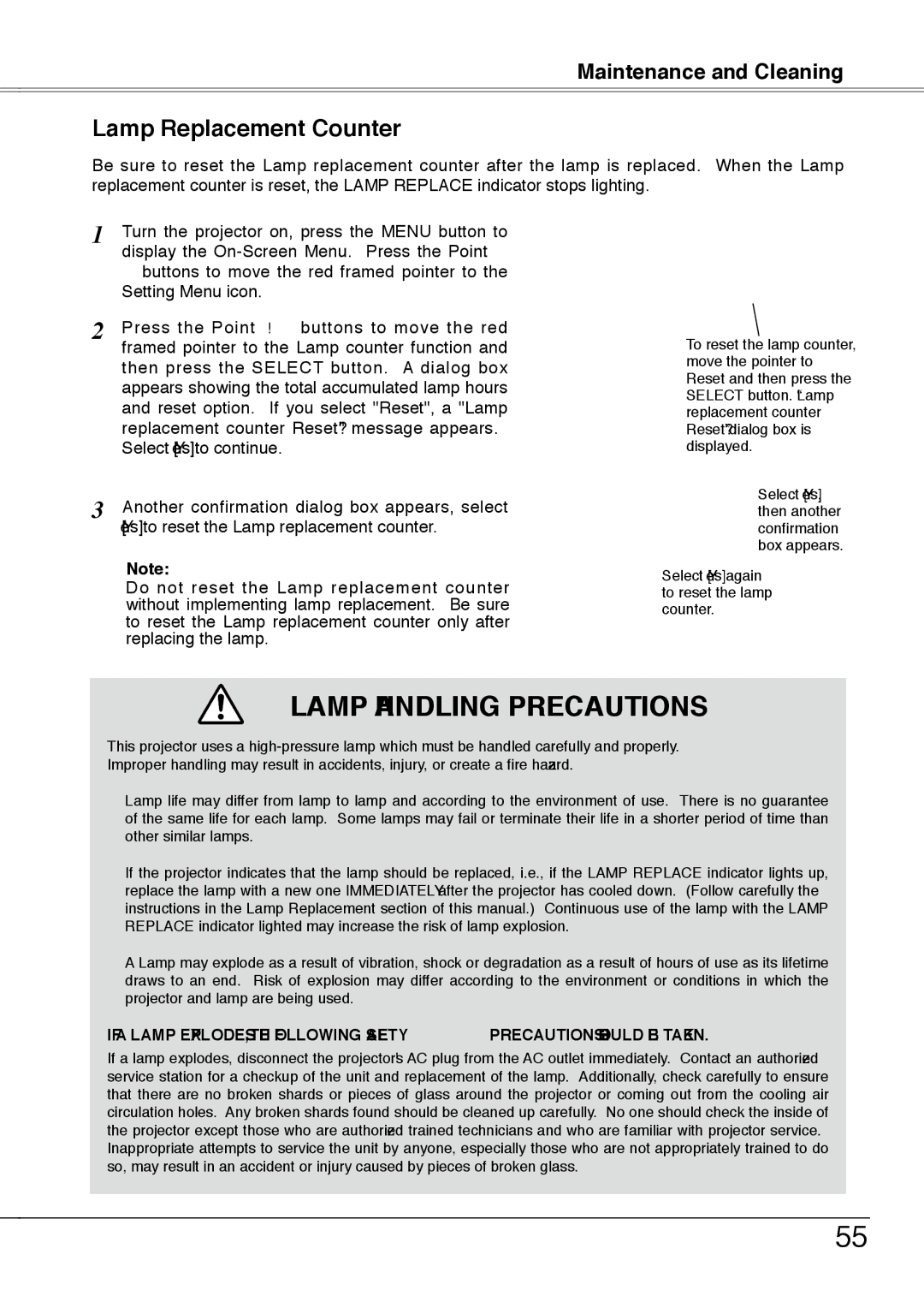 Sanyo PLC-XW55G, PLC-XW50A, PLC-XW55A, PLC-XW55K owner manual Lamp Handling Precautions, Lamp Replacement Counter 