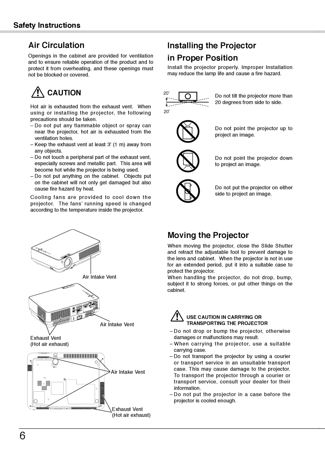 Sanyo PLC-XW55K, PLC-XW50A, PLC-XW55A Air Circulation, Installing the Projector in Proper Position, Moving the Projector 