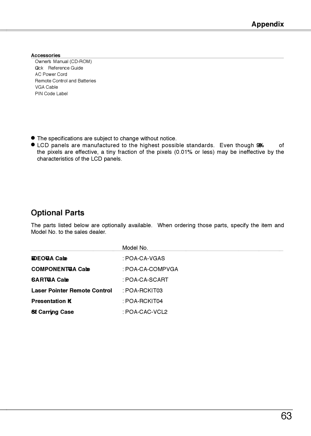 Sanyo PLC-XW55G, PLC-XW50A, PLC-XW55A, PLC-XW55K owner manual Optional Parts 