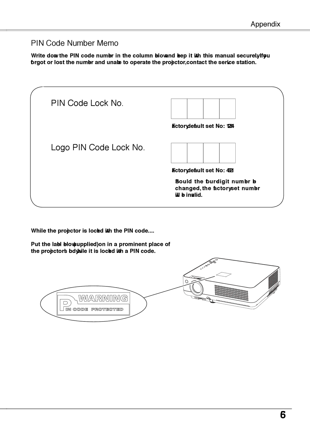 Sanyo PLC-XW55A, PLC-XW50A, PLC-XW55K, PLC-XW55G owner manual Logo PIN Code Lock No, PIN Code Number Memo 