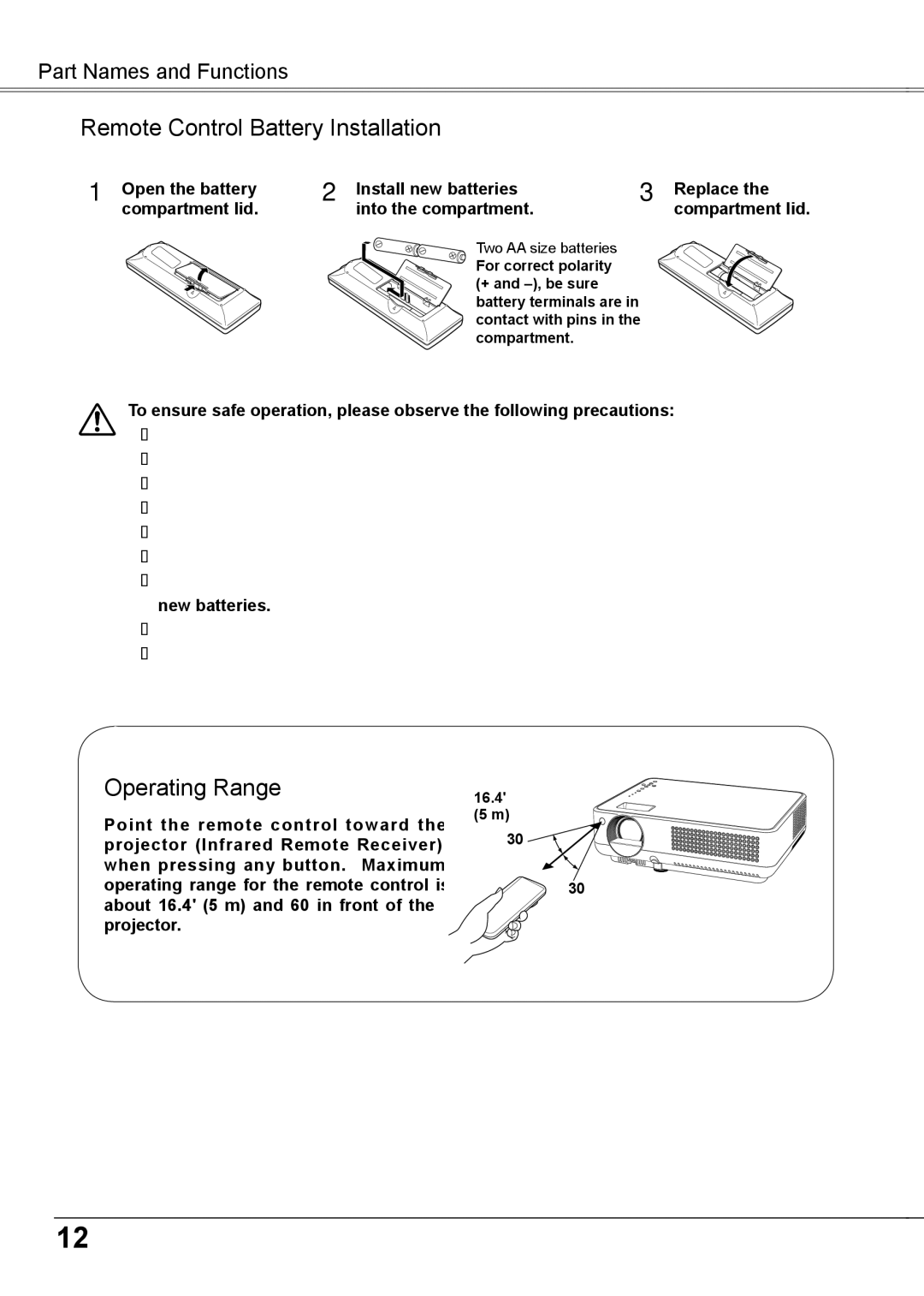 Sanyo PLC-XW56 owner manual Remote Control Battery Installation, Operating Range 