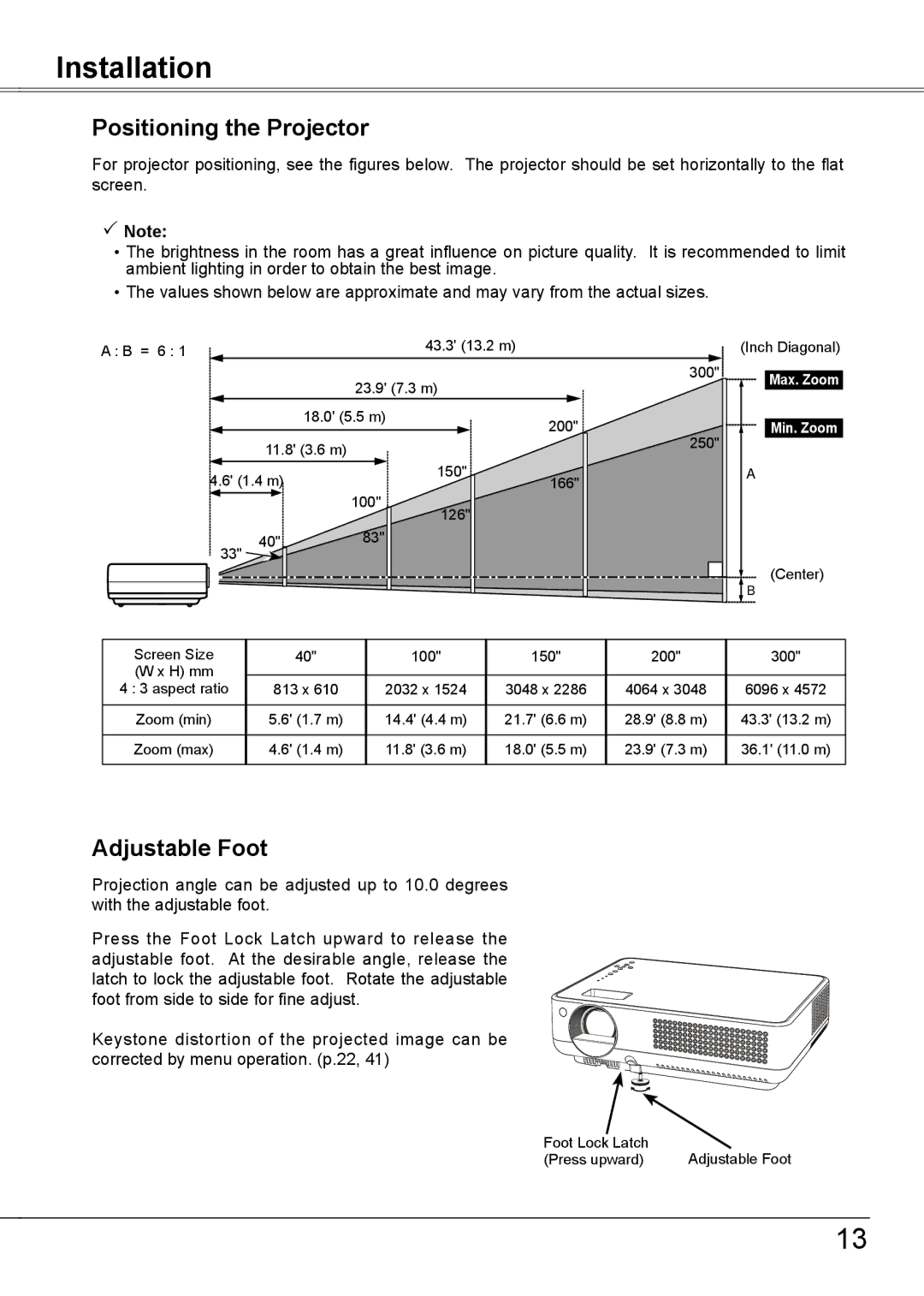 Sanyo PLC-XW56 owner manual Installation, Positioning the Projector, Adjustable Foot,  Note 