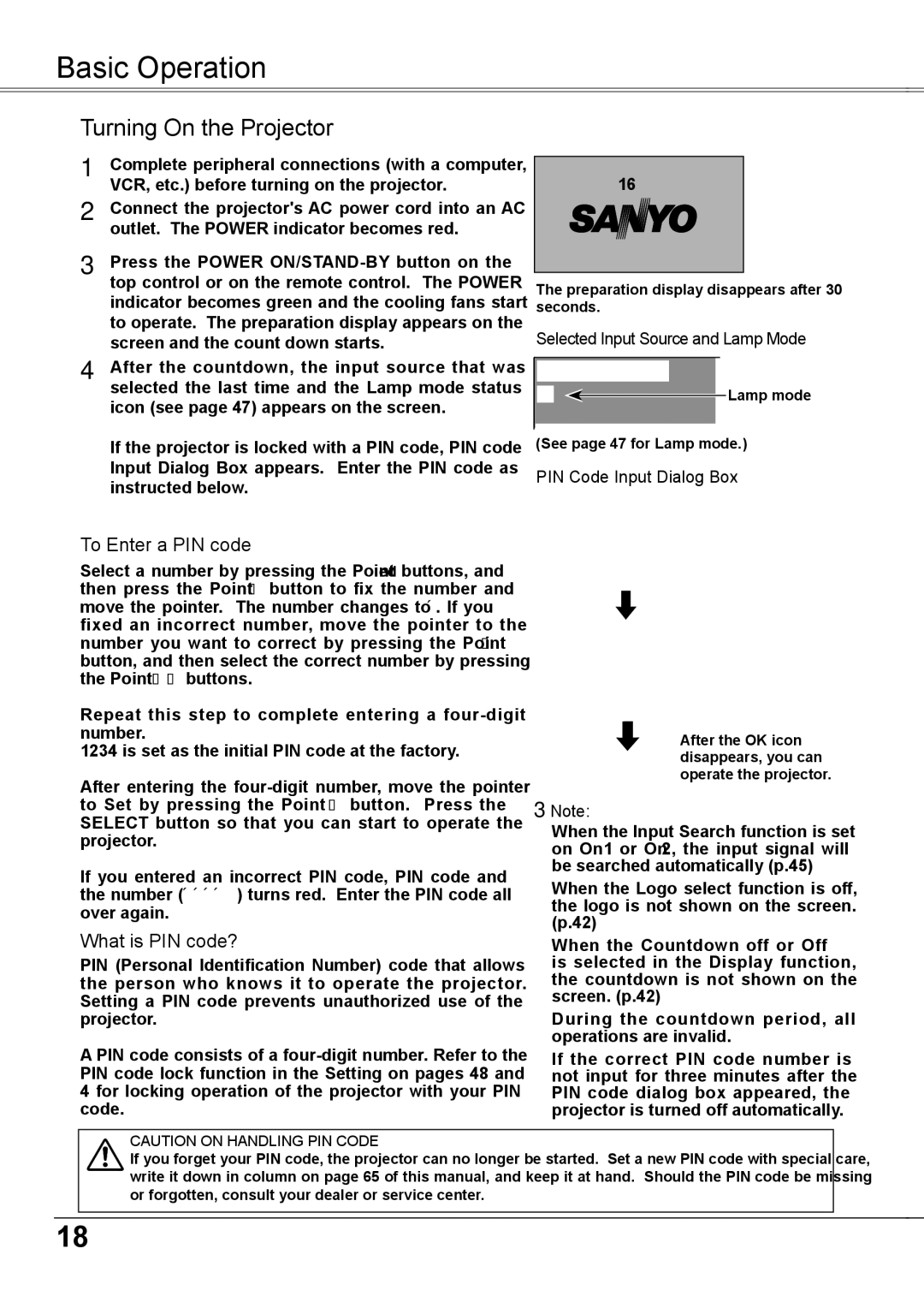 Sanyo PLC-XW56 Basic Operation, Turning On the Projector, Selected Input Source and Lamp Mode, PIN Code Input Dialog Box 