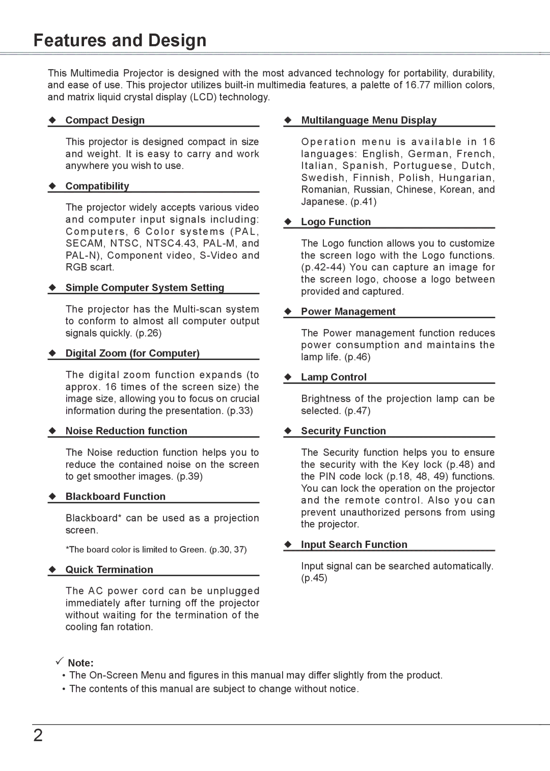 Sanyo PLC-XW56 owner manual Features and Design 