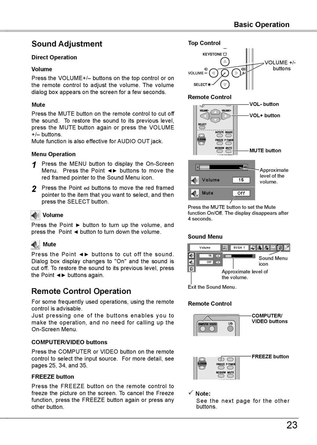 Sanyo PLC-XW56 owner manual Sound Adjustment, Remote Control Operation 