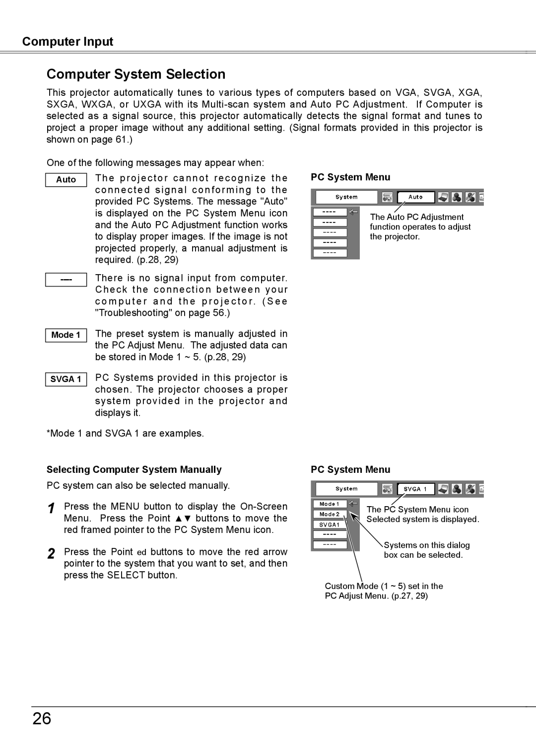 Sanyo PLC-XW56 owner manual Computer System Selection, Selecting Computer System Manually, PC System Menu 