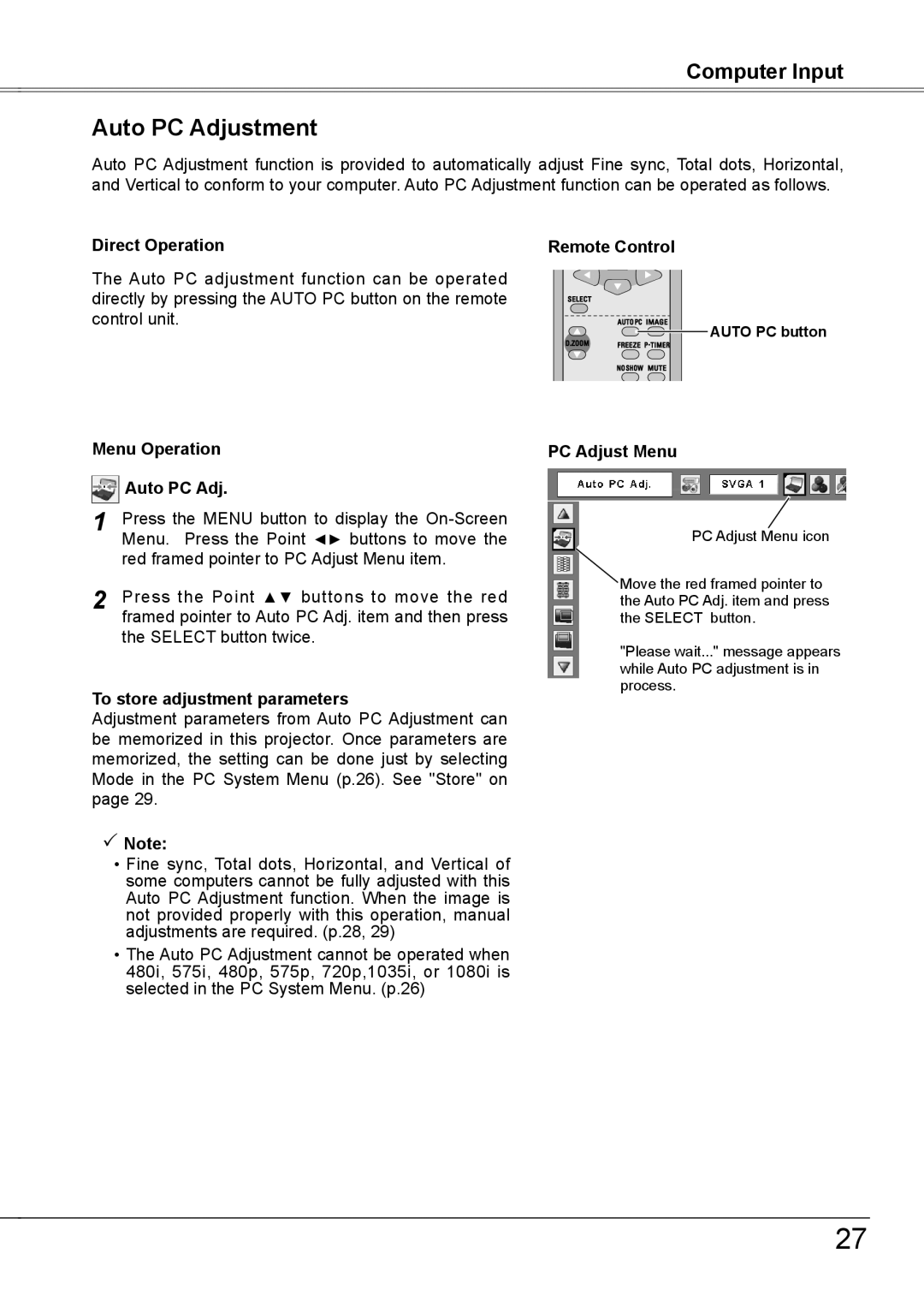 Sanyo PLC-XW56 owner manual Auto PC Adjustment, Menu Operation Auto PC Adj, To store adjustment parameters, PC Adjust Menu 