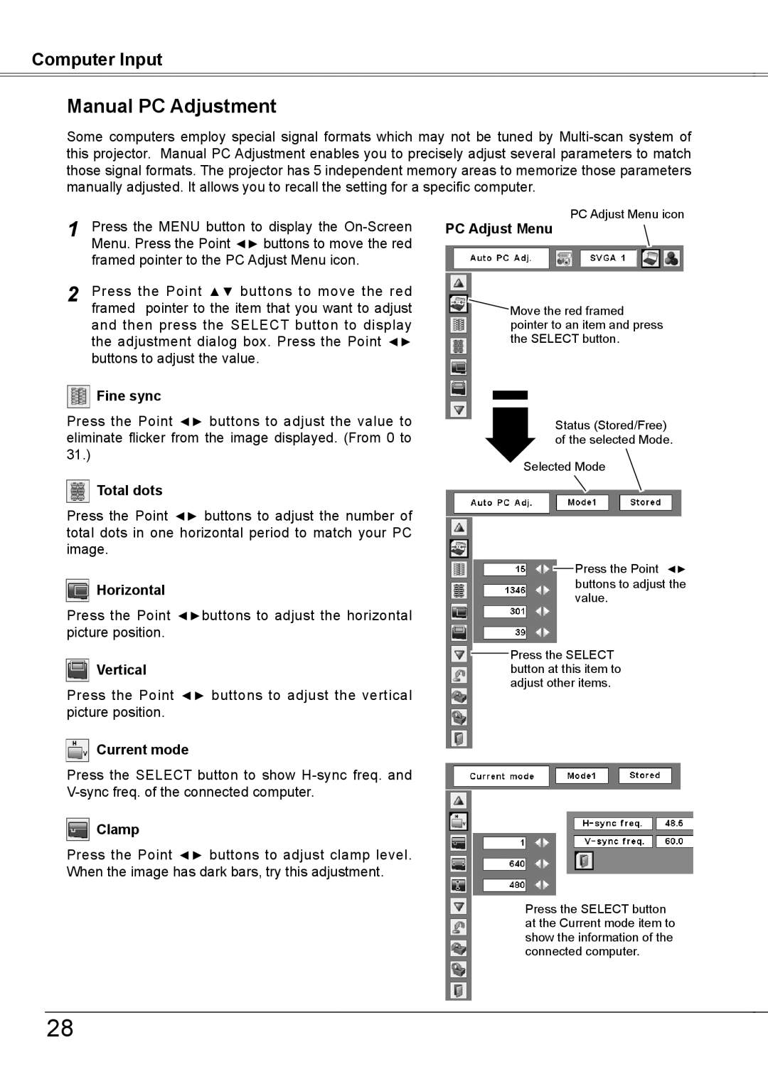 Sanyo PLC-XW56 owner manual Manual PC Adjustment 