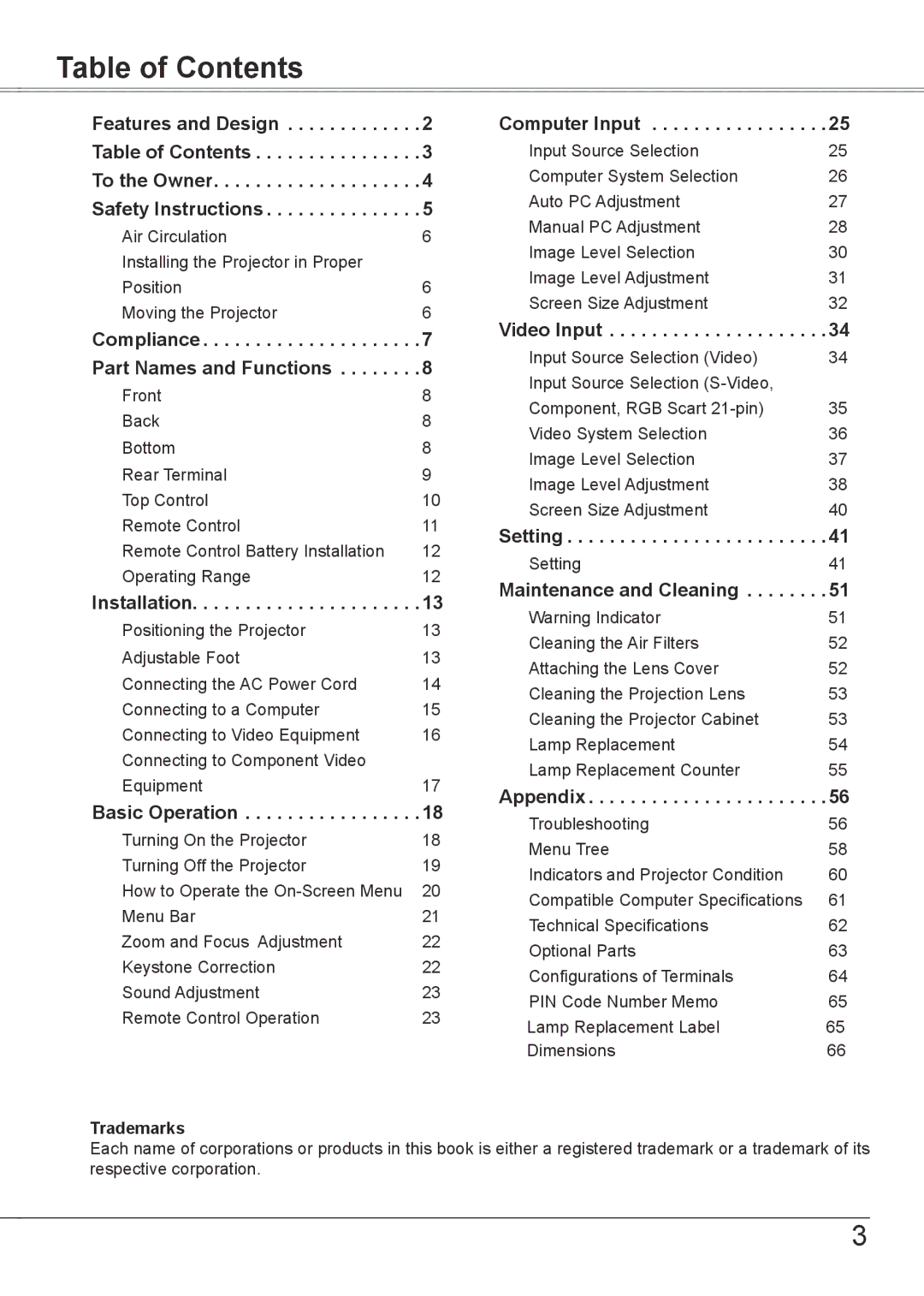 Sanyo PLC-XW56 owner manual Table of Contents 