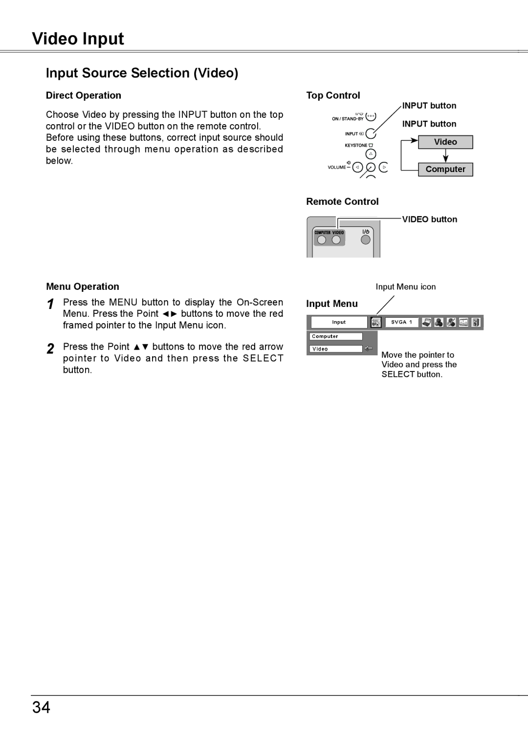 Sanyo PLC-XW56 owner manual Video Input, Input Source Selection Video 