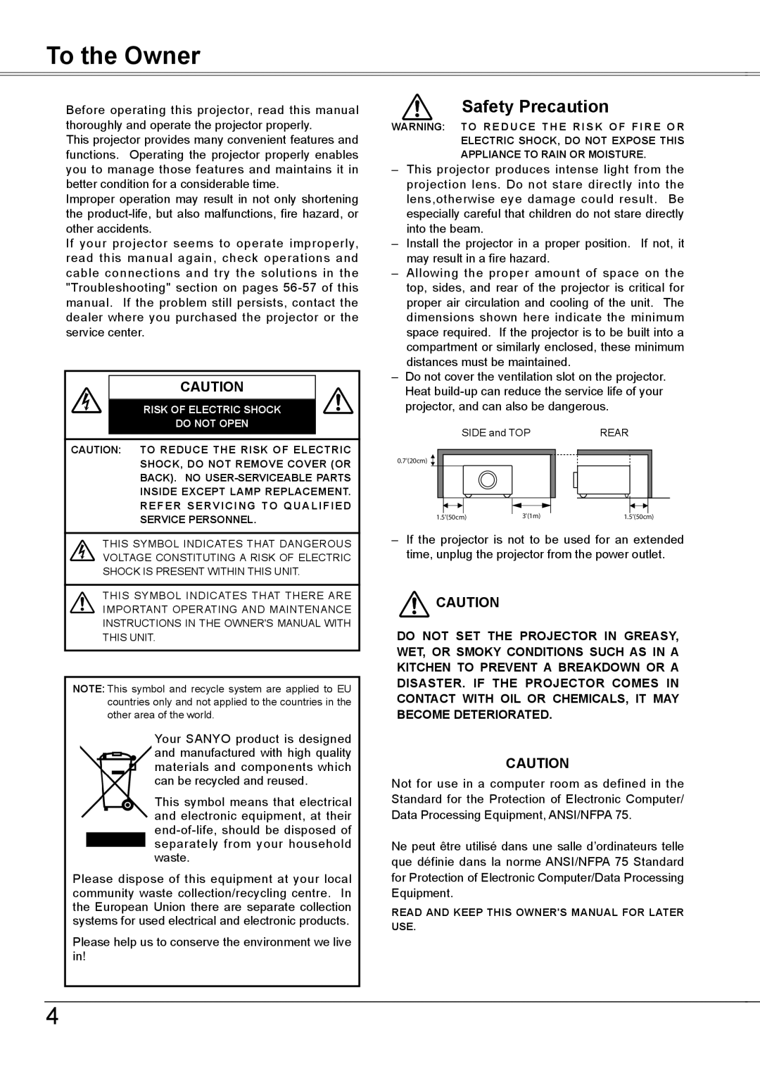 Sanyo PLC-XW56 owner manual To the Owner, Risk of Electric Shock Do not Open 