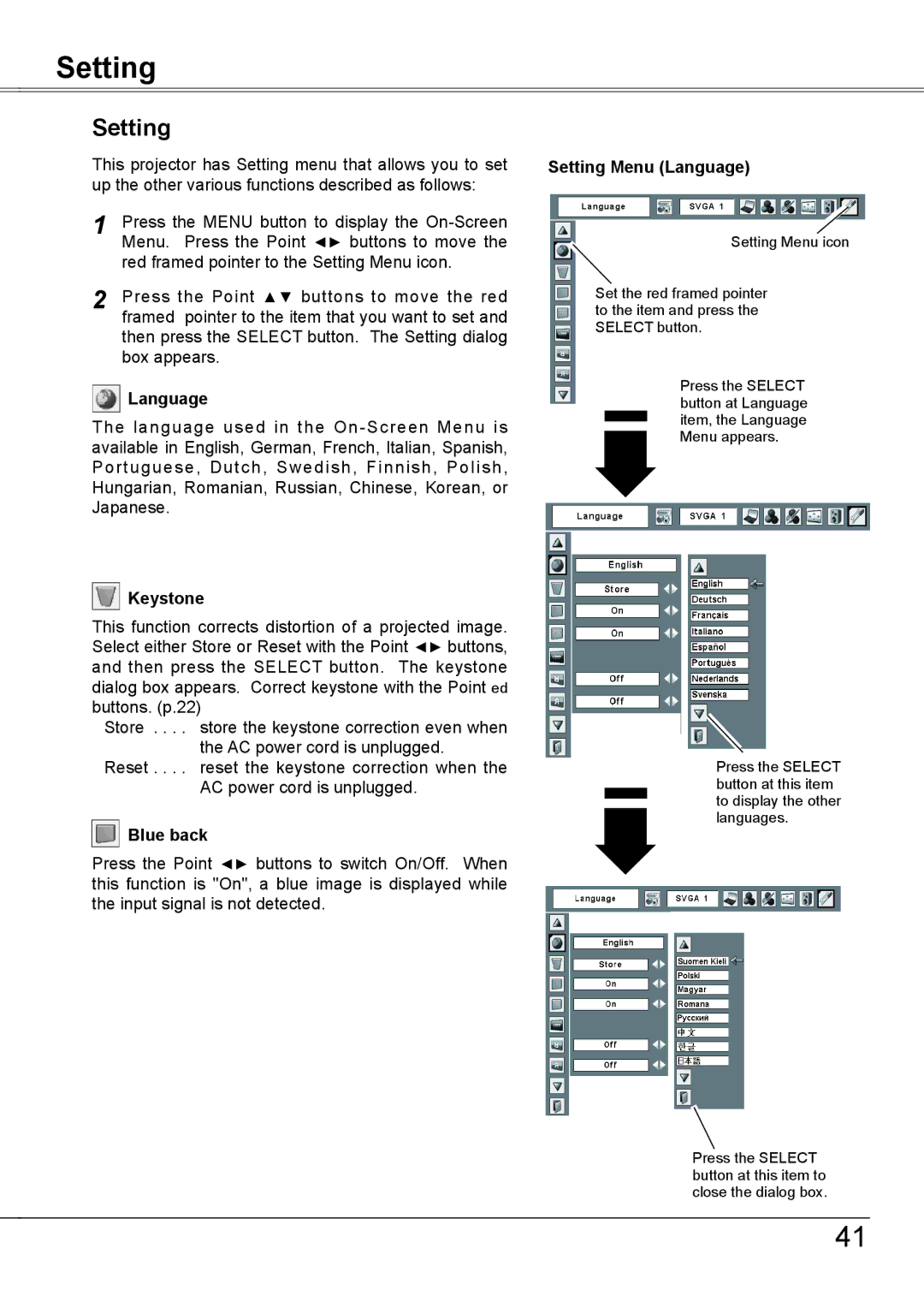 Sanyo PLC-XW56 owner manual Setting 