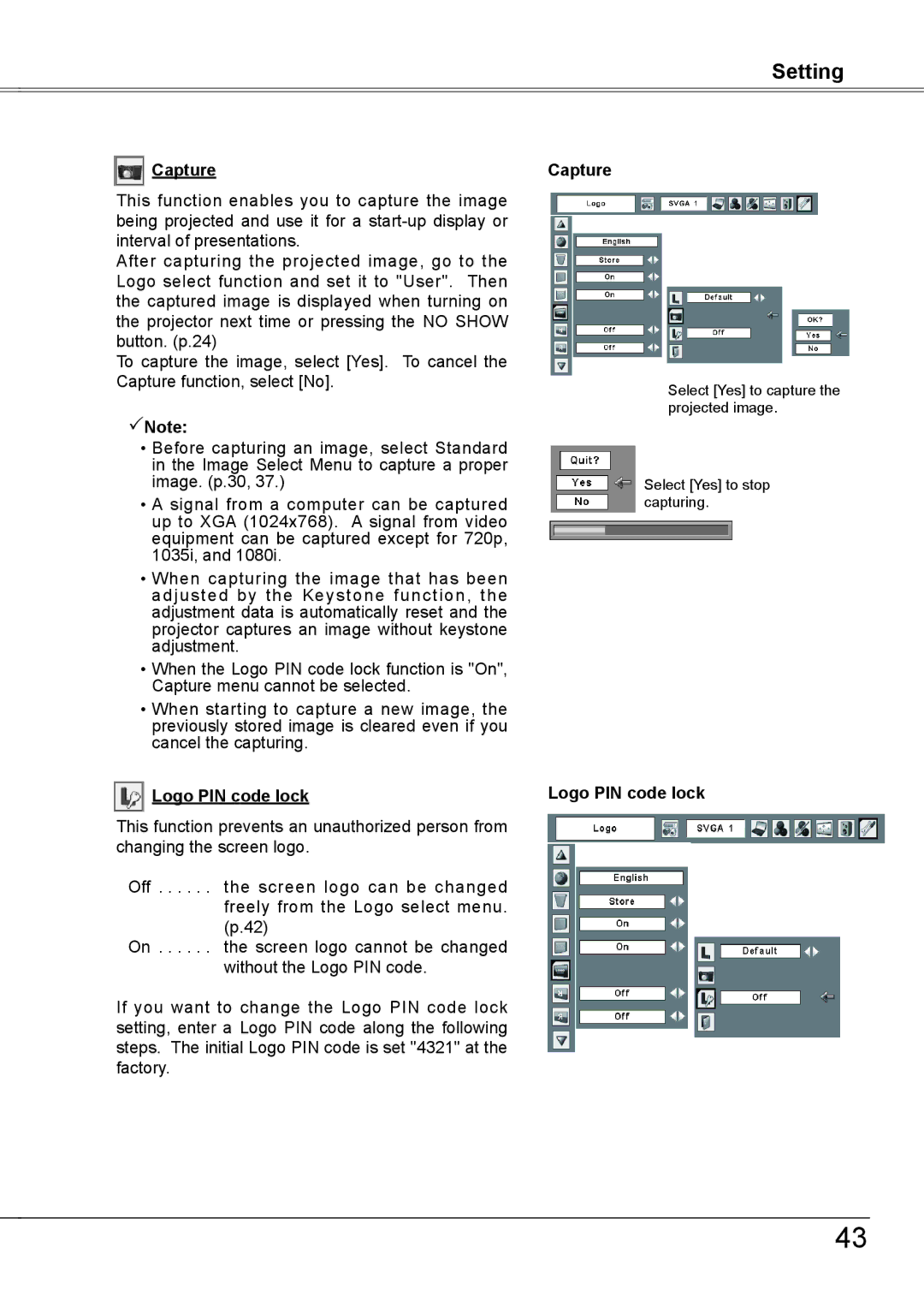 Sanyo PLC-XW56 owner manual Capture, Logo PIN code lock 