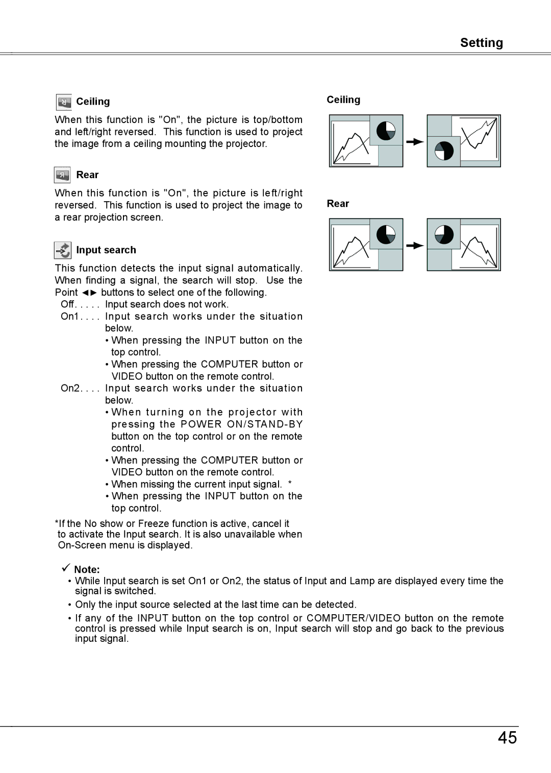 Sanyo PLC-XW56 owner manual Input search, Ceiling Rear  Note 